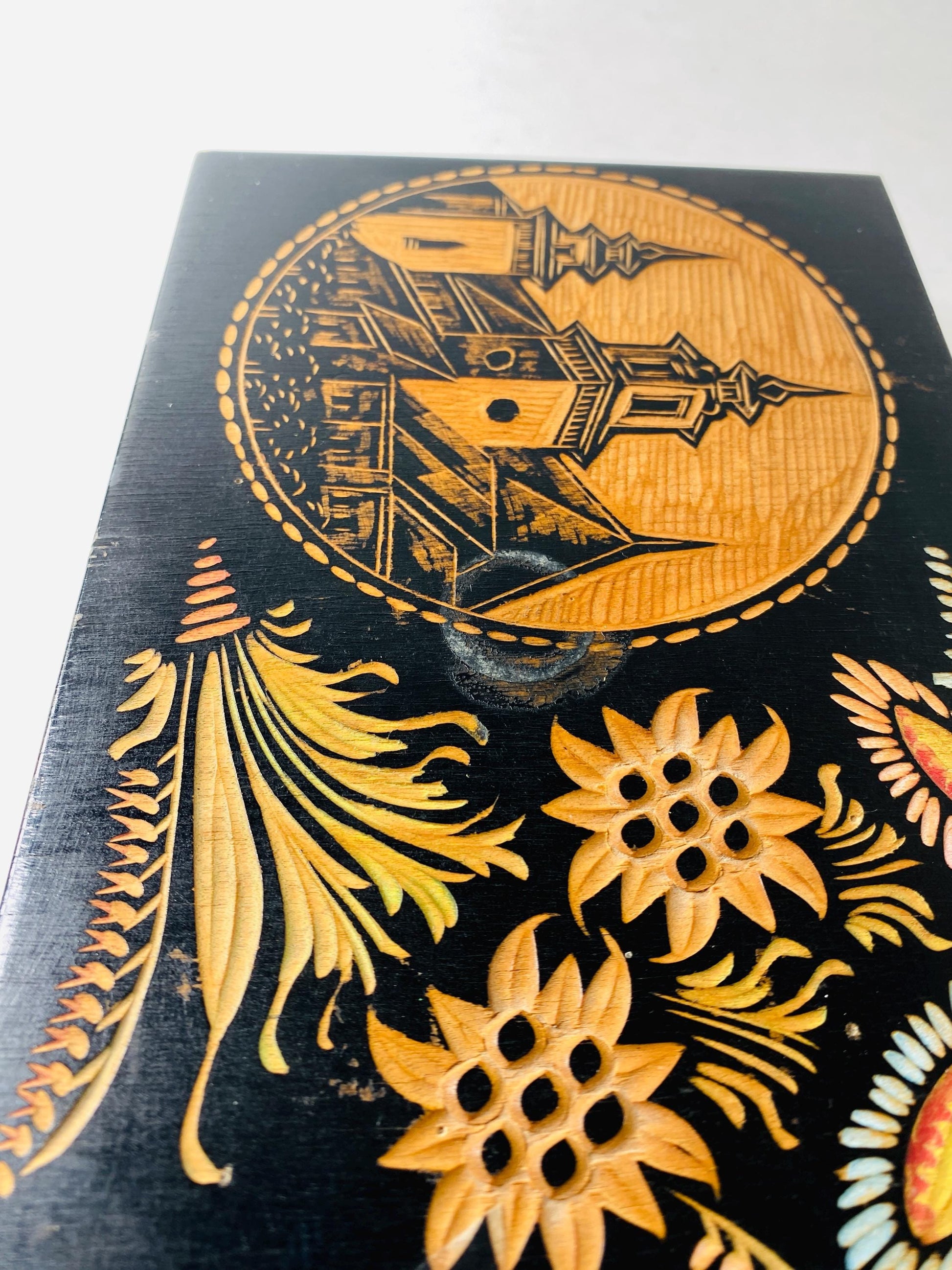 Vintage Hand Carved Wooden Keepsake Box Black Lacquer Folk Art Floral Church Scene Jewelry Trinket Box Ruciane circa 1960s