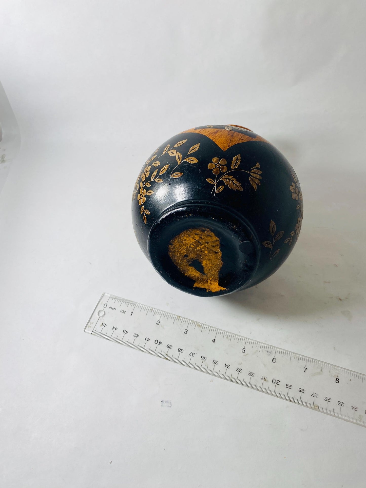 Vintage Painted Wooden Vase Black Gold Floral Faux Wood Grain Small Bud Vase Folk Art Decor circa 1960s