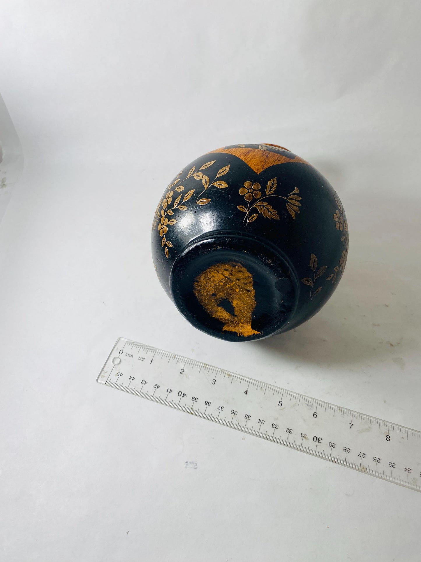 Vintage Painted Wooden Vase Black Gold Floral Faux Wood Grain Small Bud Vase Folk Art Decor circa 1960s