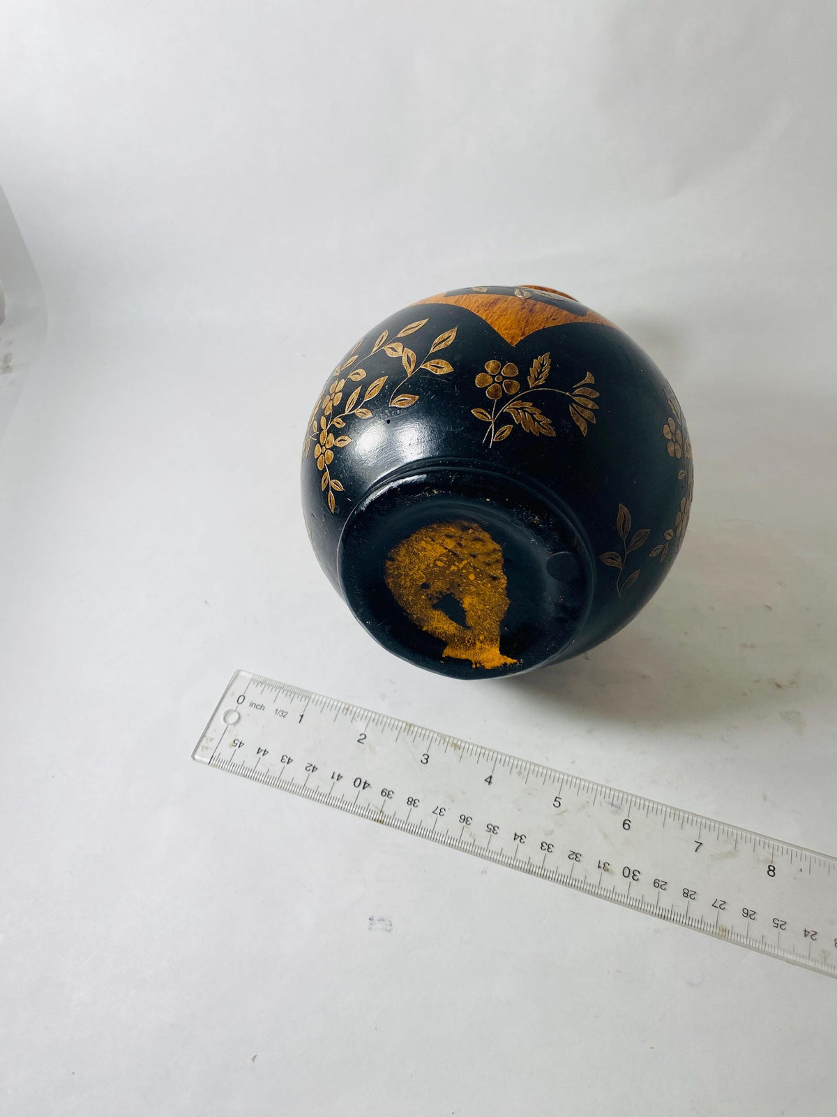 Vintage Painted Wooden Vase Black Gold Floral Faux Wood Grain Small Bud Vase Folk Art Decor circa 1960s