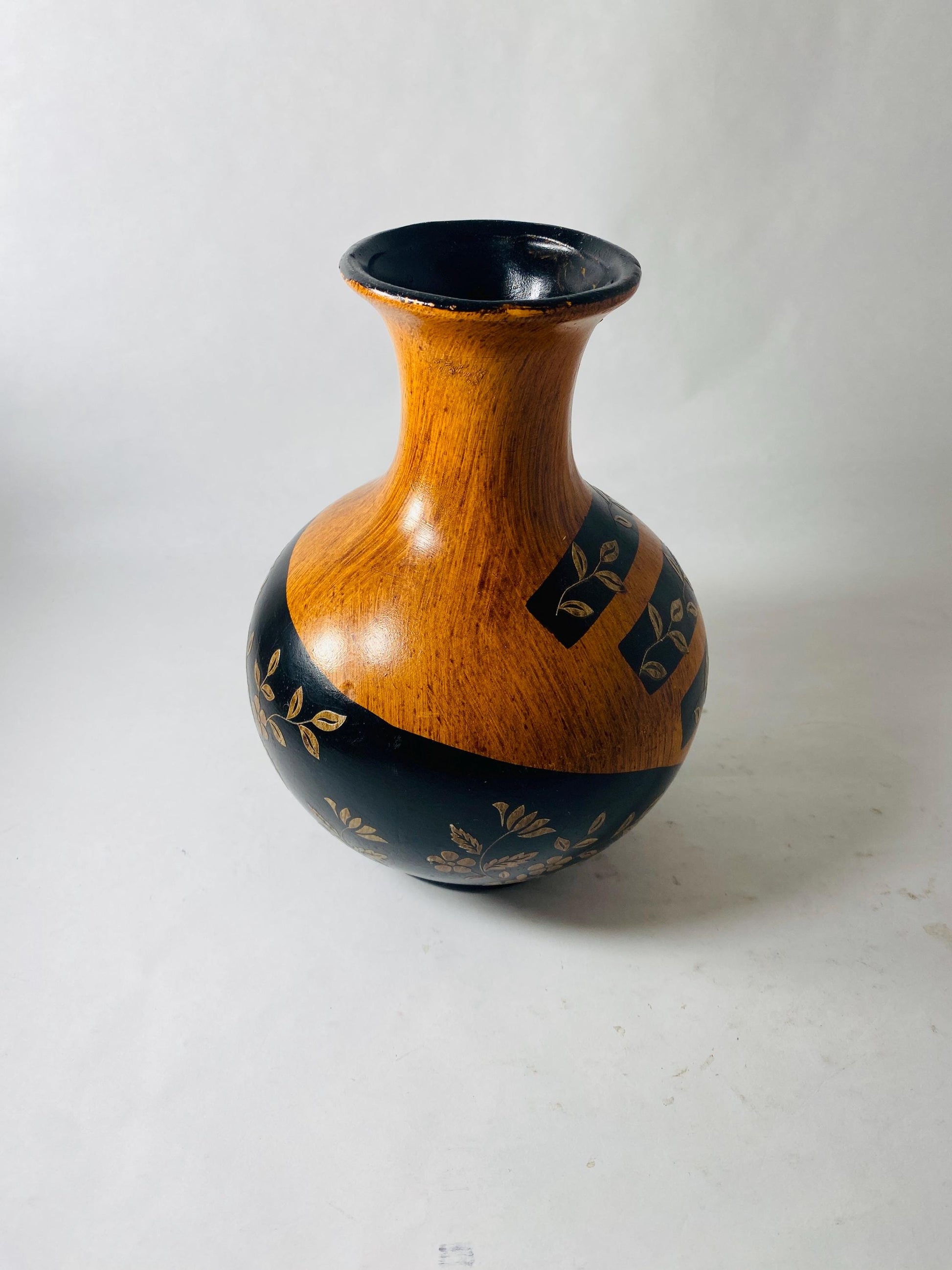 Vintage Painted Wooden Vase Black Gold Floral Faux Wood Grain Small Bud Vase Folk Art Decor circa 1960s