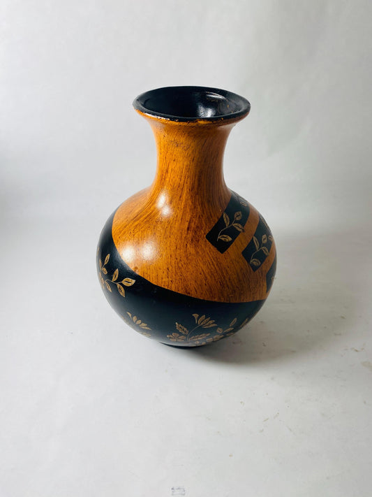 Vintage Painted Wooden Vase Black Gold Floral Faux Wood Grain Small Bud Vase Folk Art Decor circa 1960s