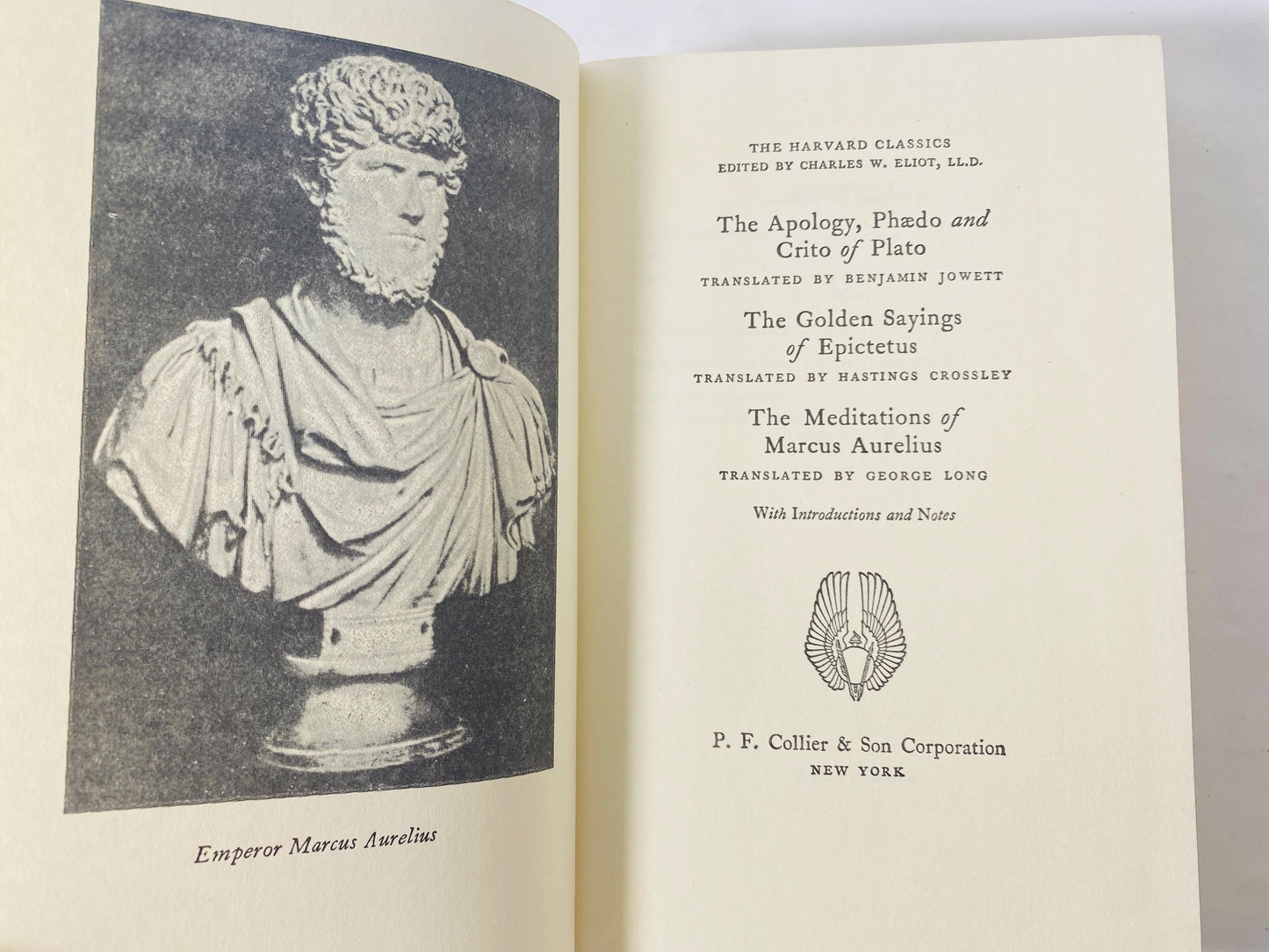 Marcus Aurelius Meditations vintage green leatherette Harvard Clasics book embossed Plato Apology Phaedo Crito philosophy Epicetus Sayings