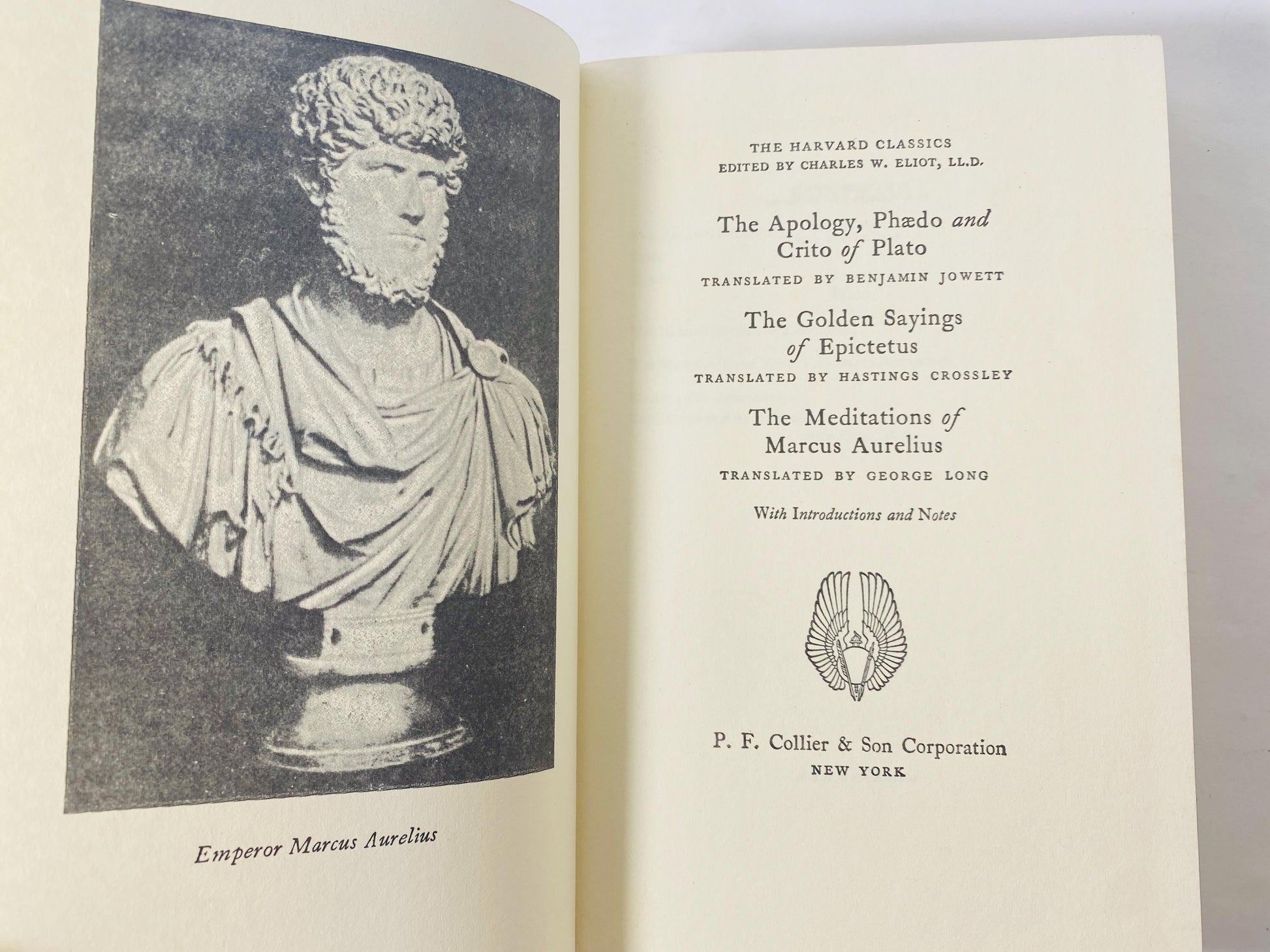 Marcus Aurelius Meditations vintage green leatherette Harvard Clasics book embossed Plato Apology Phaedo Crito philosophy Epicetus Sayings