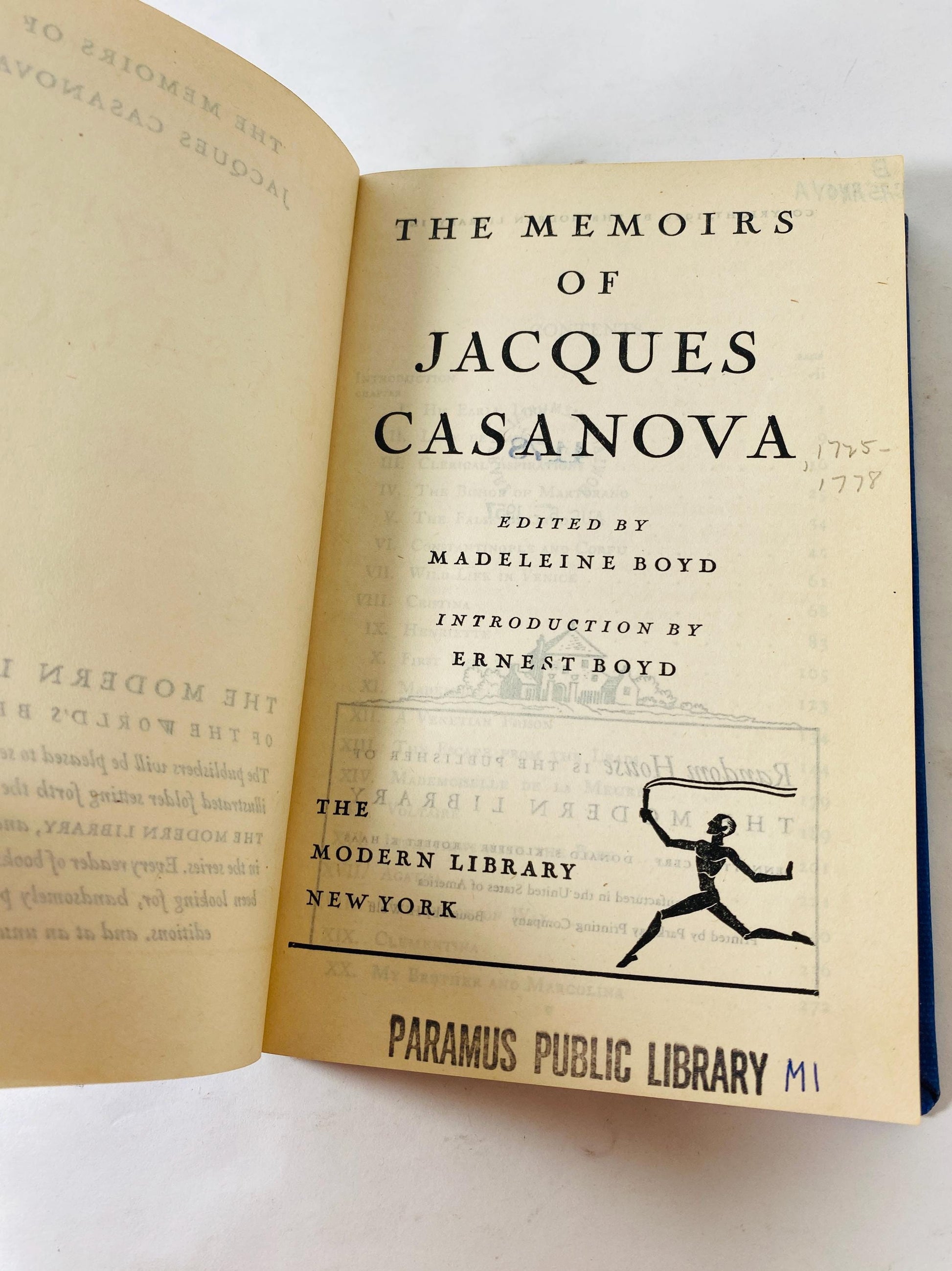 1937 Jacques Casanova Memoirs Vintage Modern Library book detailing romantic exploits and encounters with Voltaire and Catherine the Great
