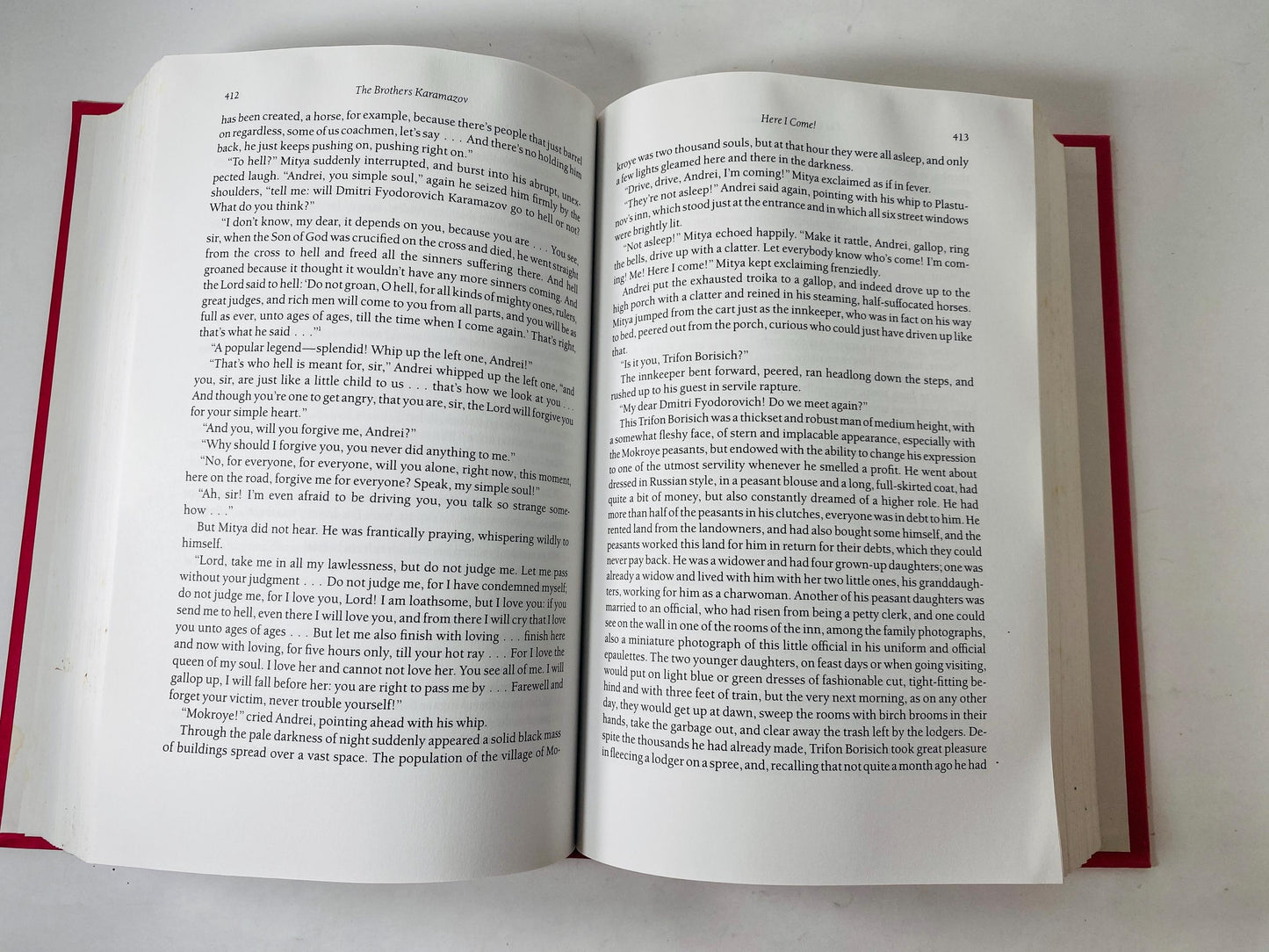 Brothers Karamazov by Fyodor Dostoevsky Vintage red leatherette book circa 1989. Examines ethics of God and free will. Rafael Palacios