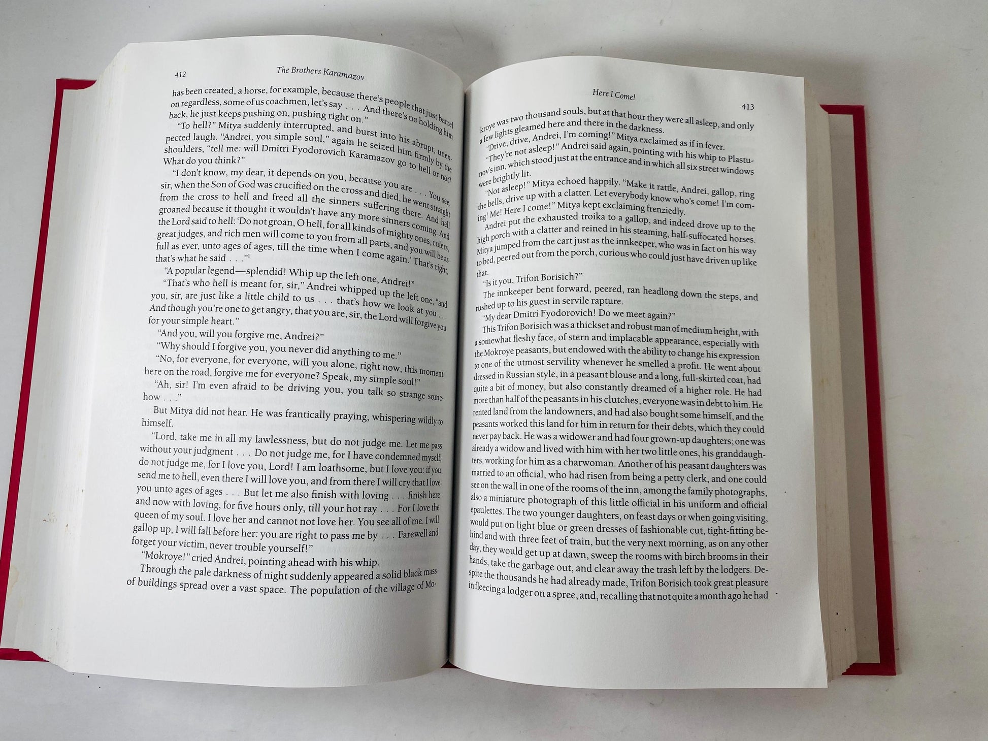 Brothers Karamazov by Fyodor Dostoevsky Vintage red leatherette book circa 1989. Examines ethics of God and free will. Rafael Palacios