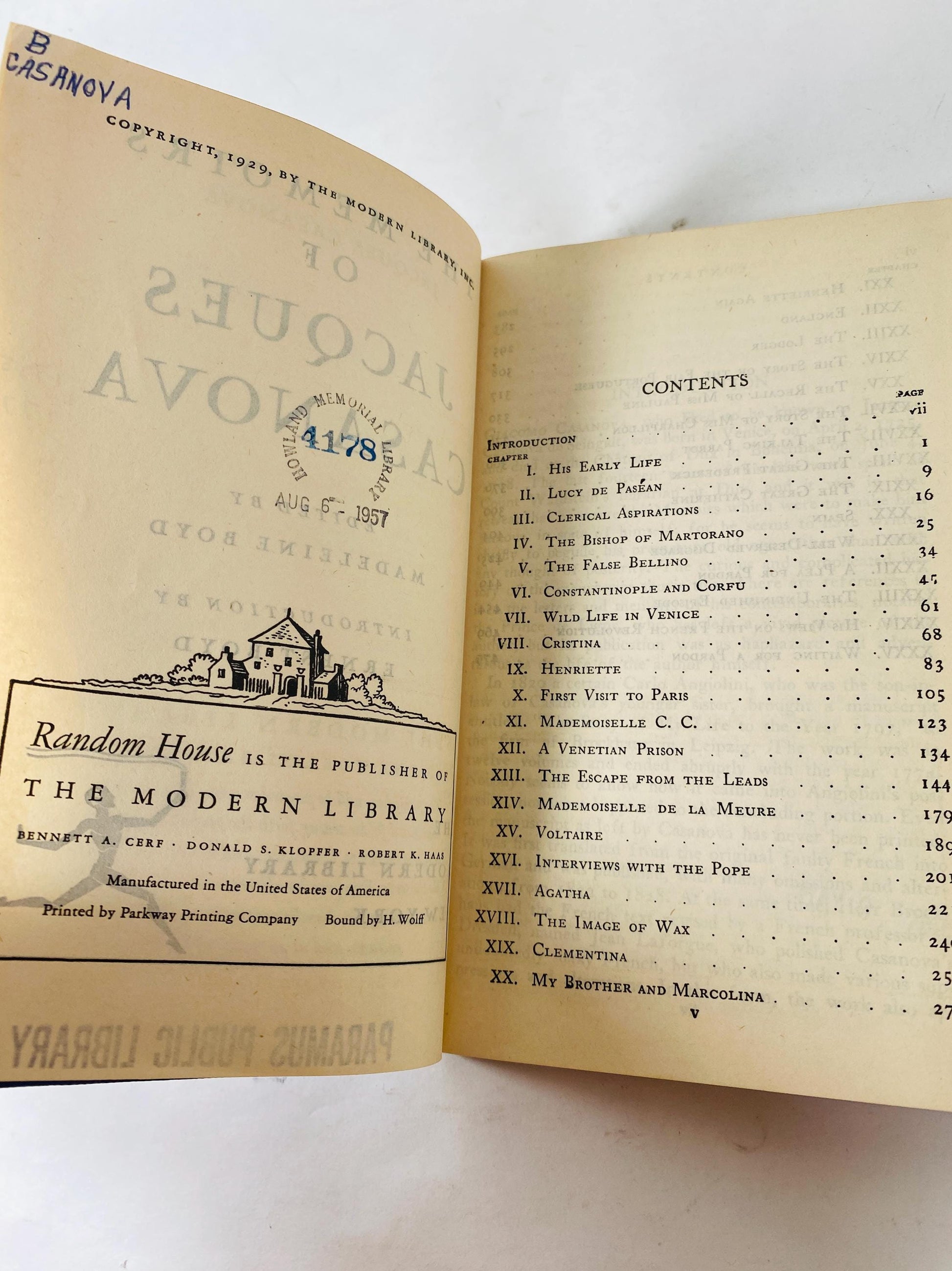 1937 Jacques Casanova Memoirs Vintage Modern Library book detailing romantic exploits and encounters with Voltaire and Catherine the Great