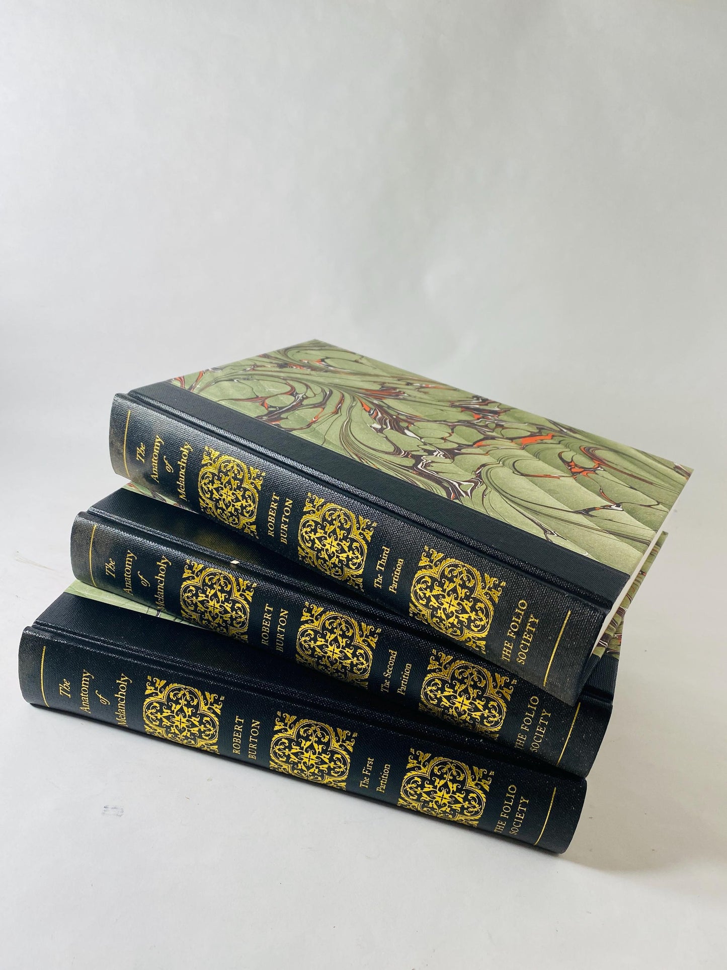 Anatomy of Melancholy Robert Burton Folio Society 3 Volume Set vintage books Marbled Boards Philip Pullman Medicine Physician. Doctor gift