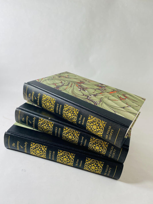 Anatomy of Melancholy Robert Burton Folio Society 3 Volume Set vintage books Marbled Boards Philip Pullman Medicine Physician. Doctor gift