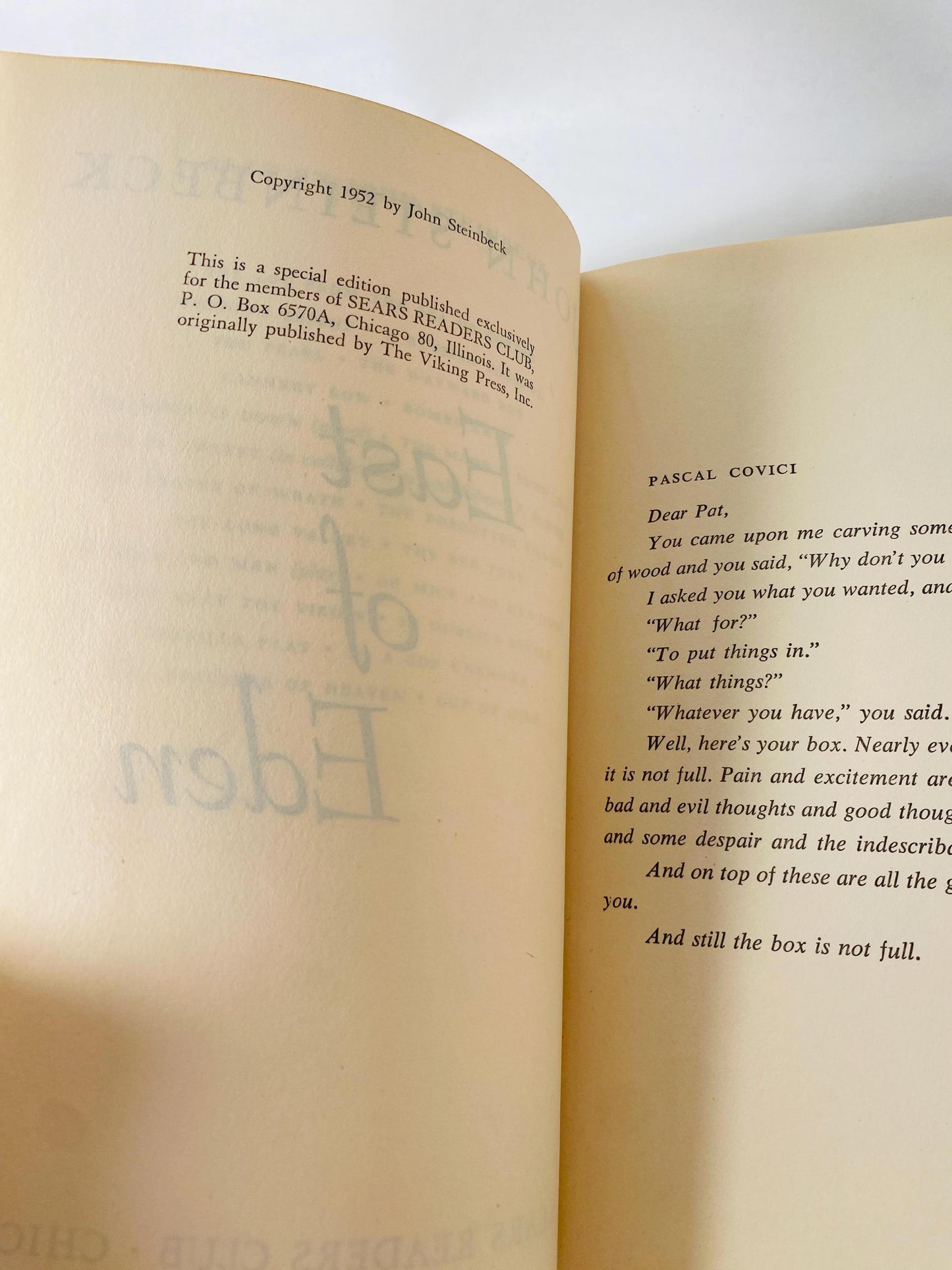 East of Eden book by John Steinbeck circa 1952 Vintage book EARLY PRINTING winner of the Nobel Prize. Green home decor