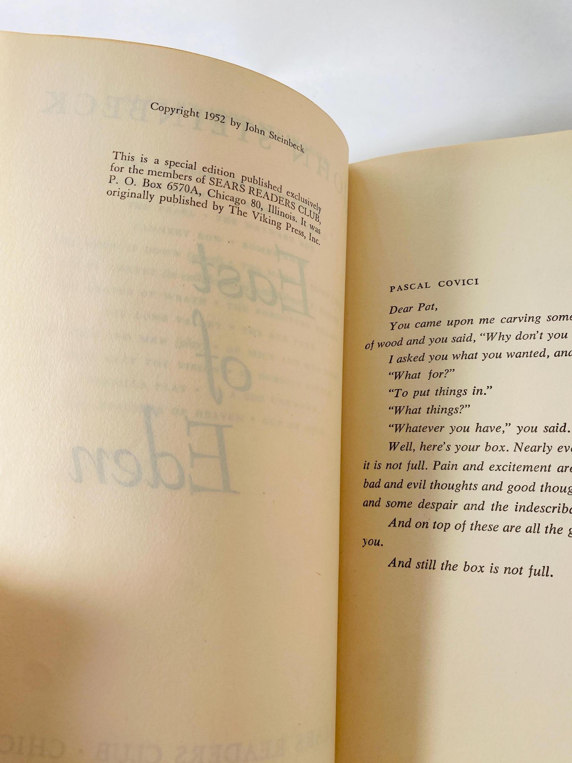 East of Eden book by John Steinbeck circa 1952 Vintage book EARLY PRINTING winner of the Nobel Prize. Green home decor