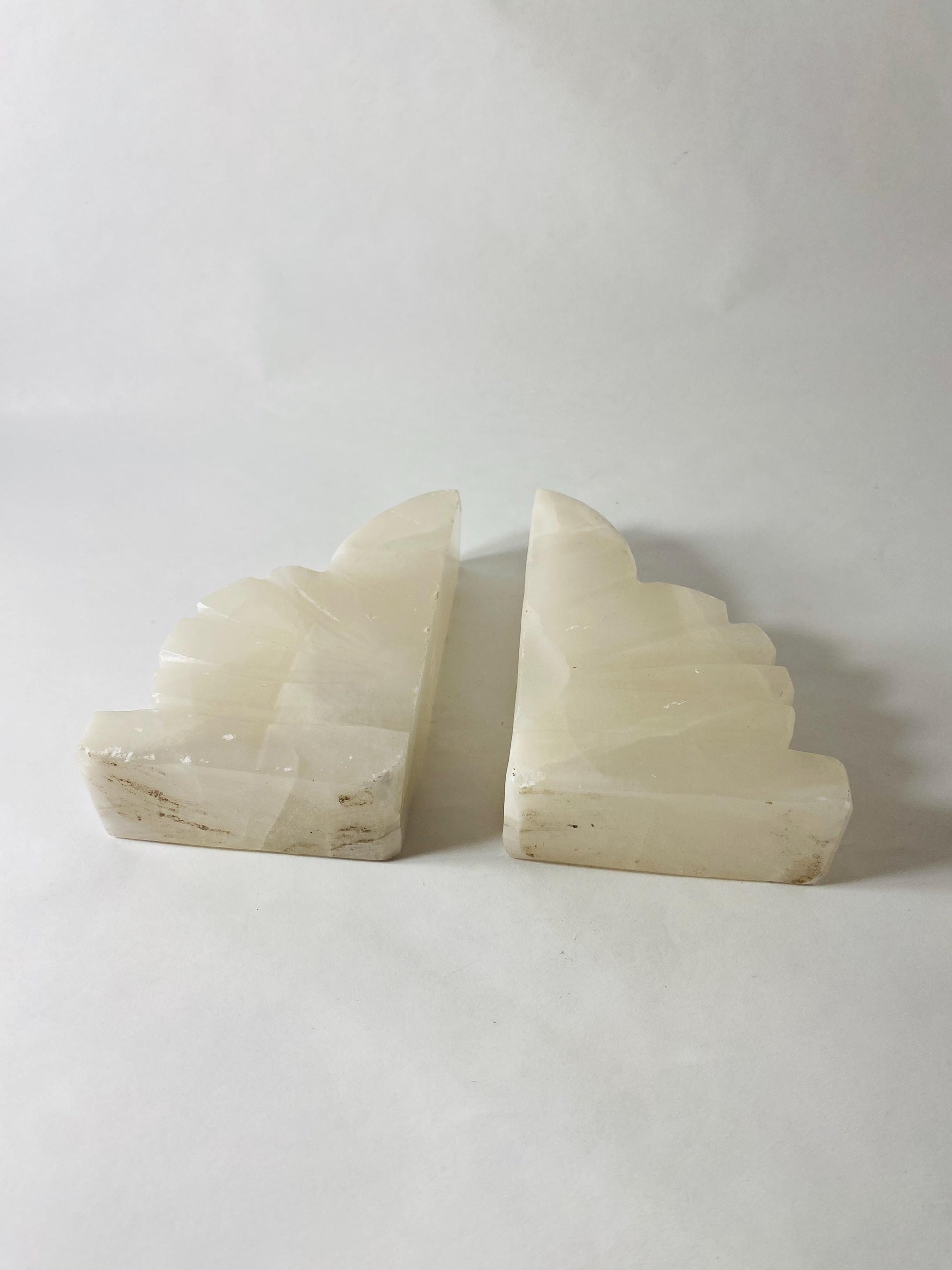 Vintage art deco alabaster bookends Beautiful cream color White Banded Stone Shell Fan Small Art Deco Marble Desk Decor