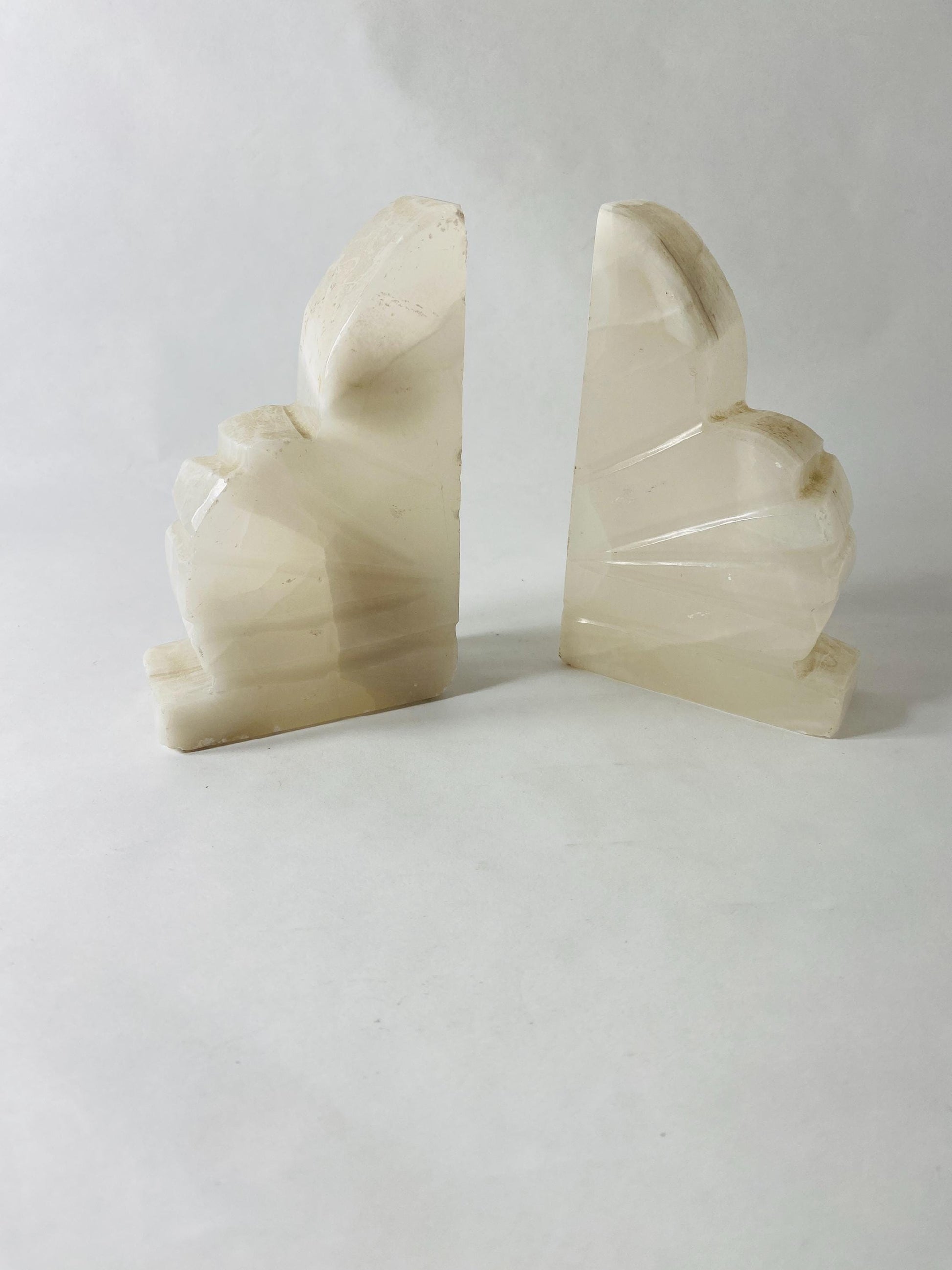 Vintage art deco alabaster bookends Beautiful cream color White Banded Stone Shell Fan Small Art Deco Marble Desk Decor