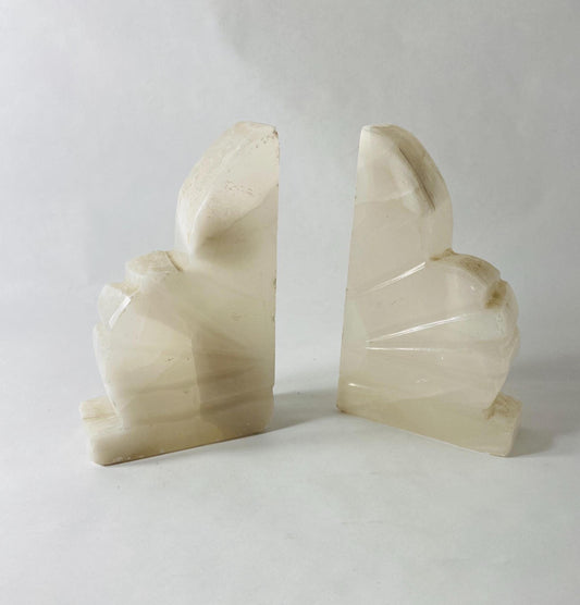 Vintage art deco alabaster bookends Beautiful cream color White Banded Stone Shell Fan Small Art Deco Marble Desk Decor