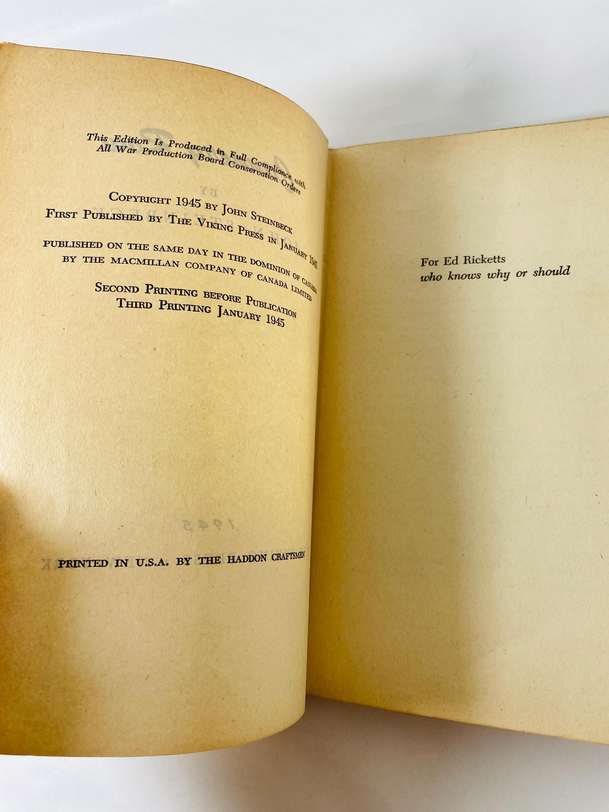1945 John Steinbeck Cannery Row EARLY PRINTING vintage book about marginalized residents in the canning district during the Great Depression