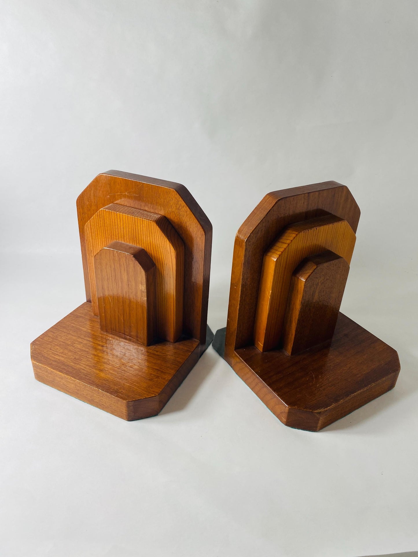 Mid century modern wood bookends Vintage Geometric Pair Art Deco Library Decor