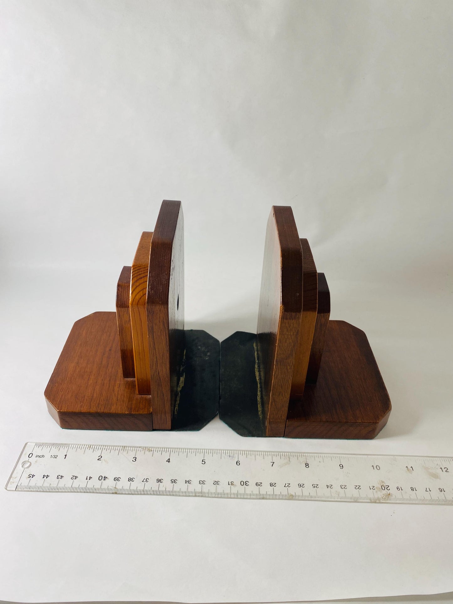 Mid century modern wood bookends Vintage Geometric Pair Art Deco Library Decor
