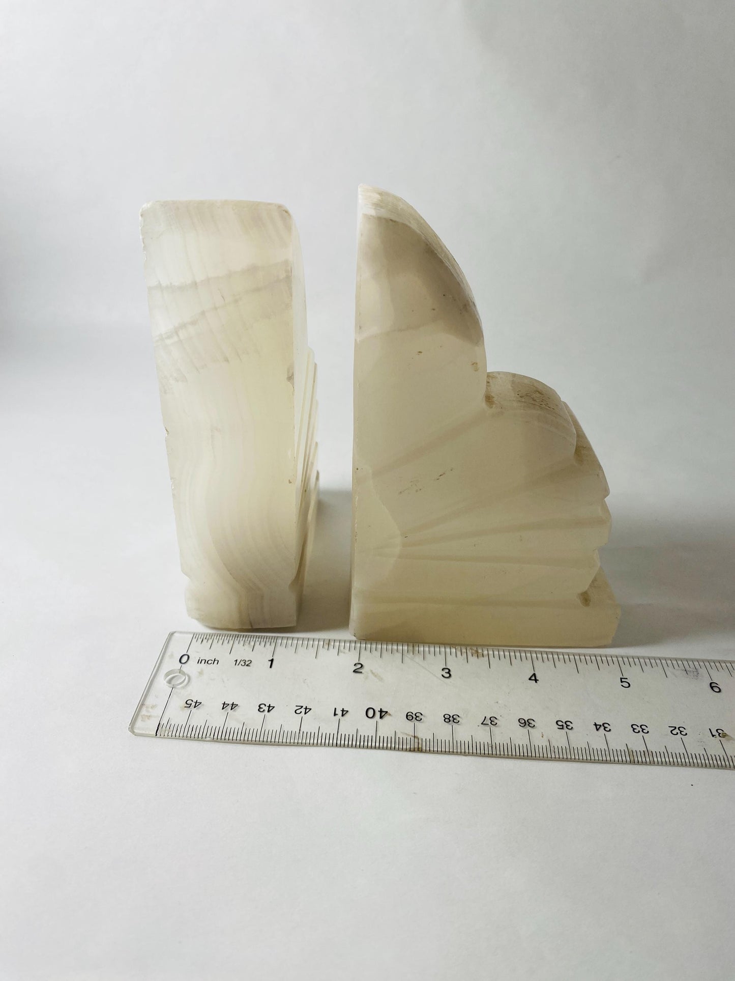 Vintage art deco alabaster bookends Beautiful cream color White Banded Stone Shell Fan Small Art Deco Marble Desk Decor