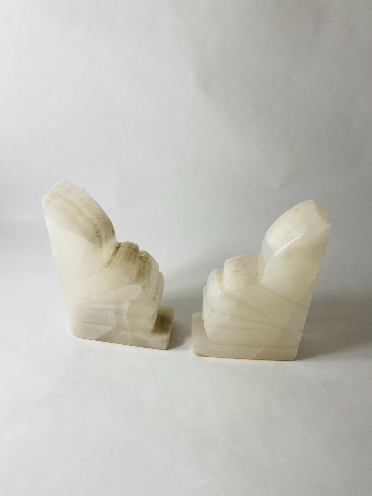 Vintage art deco alabaster bookends Beautiful cream color White Banded Stone Shell Fan Small Art Deco Marble Desk Decor