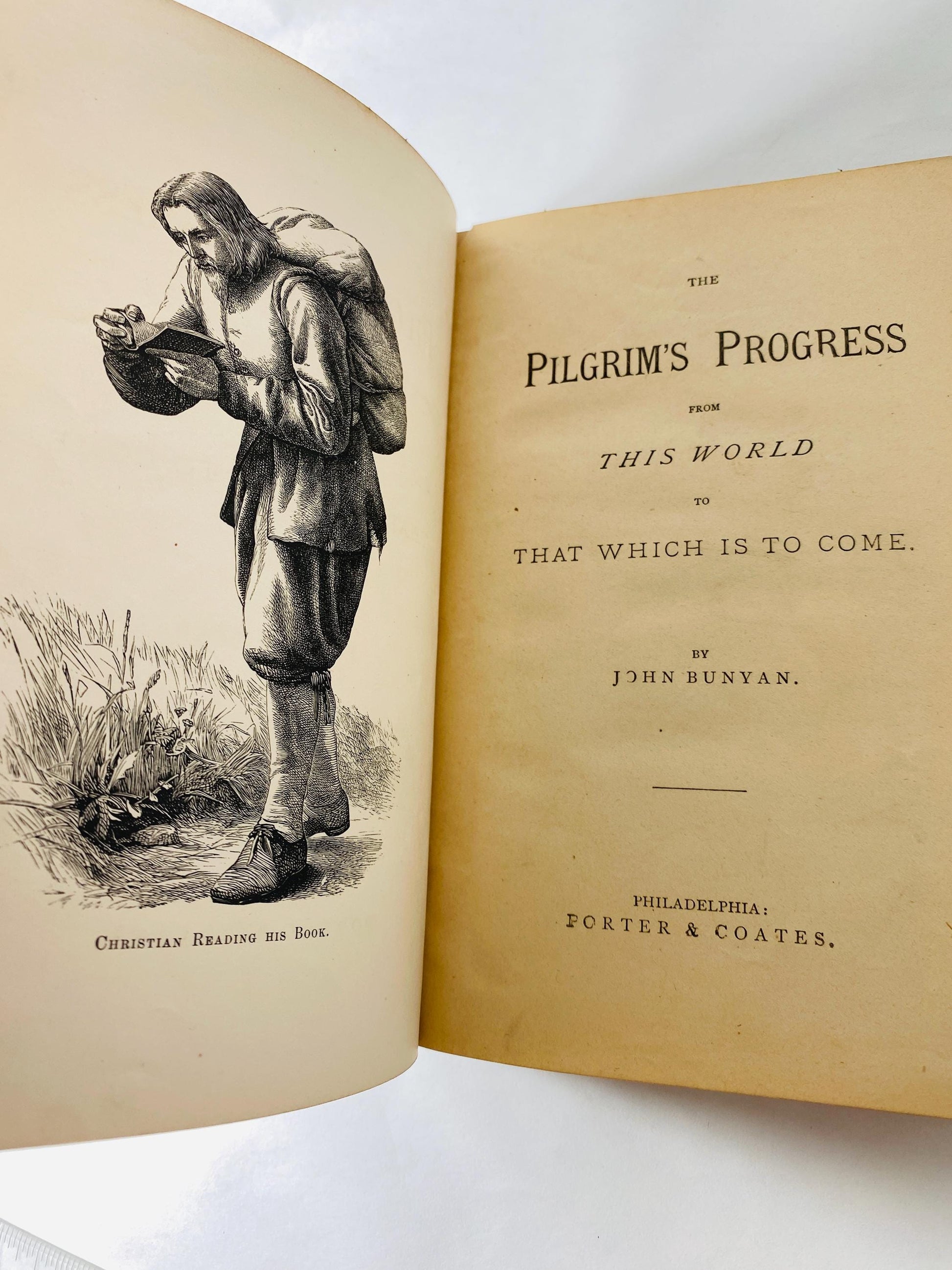 1886 Victorian Pilgrim's Progress Holy War by John Bunyan vintage book inscribed to Minnie Martin from Miss Laura Christian grace sinners