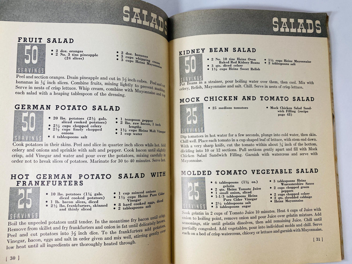 1937 Heinz Book of Quantity Recipes and Menus Vintage Advertising Cookbook Restaurant Recipes for 25–50