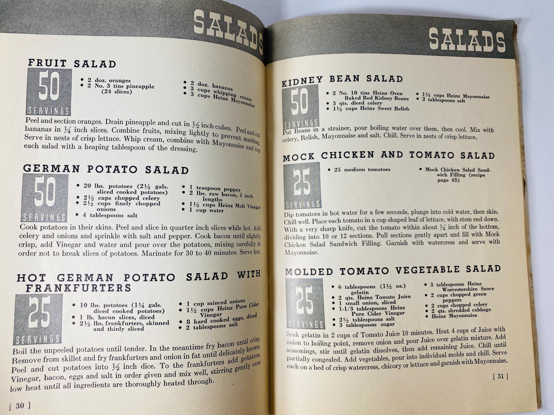 1937 Heinz Book of Quantity Recipes and Menus Vintage Advertising Cookbook Restaurant Recipes for 25–50