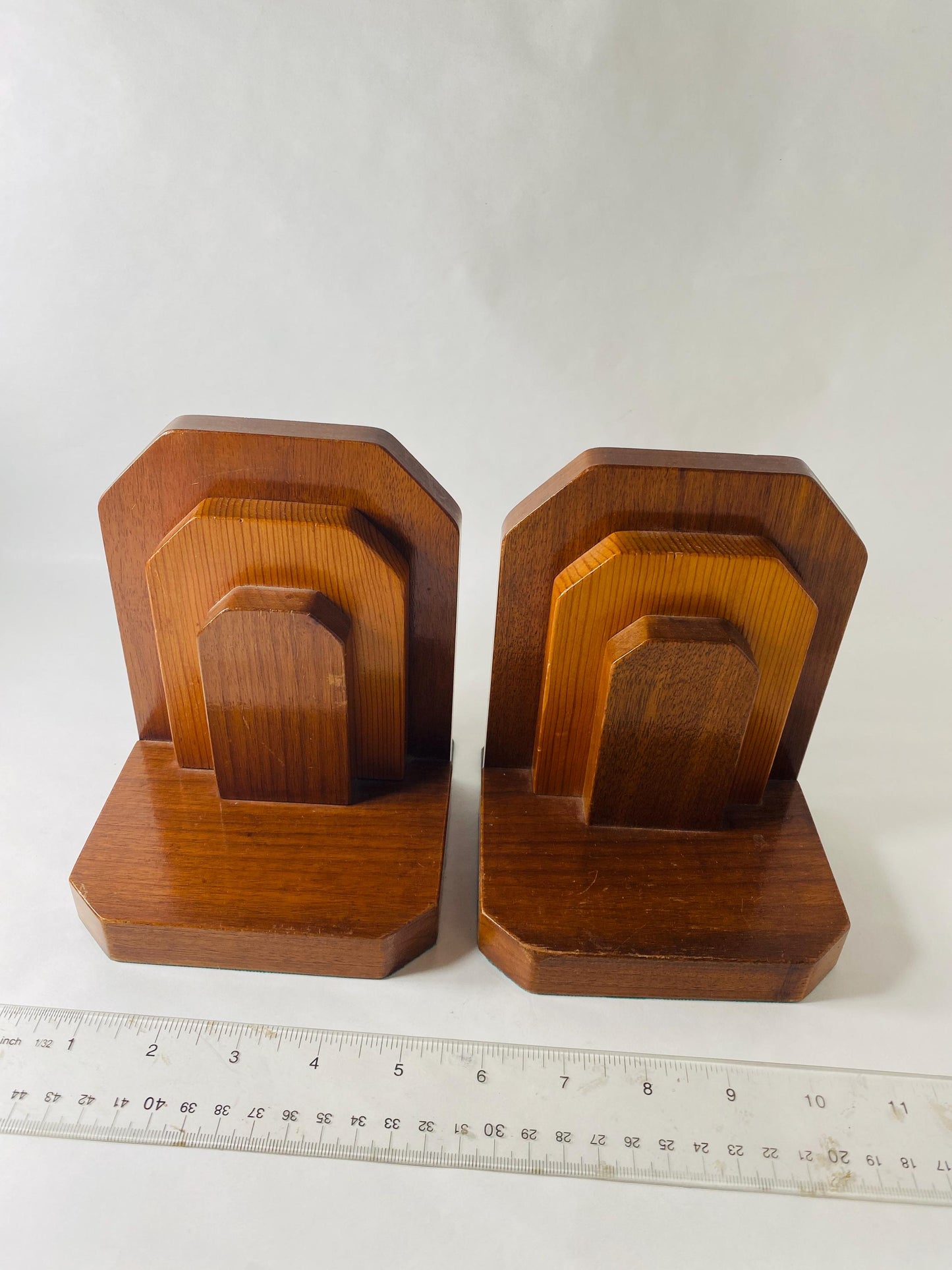 Mid century modern wood bookends Vintage Geometric Pair Art Deco Library Decor