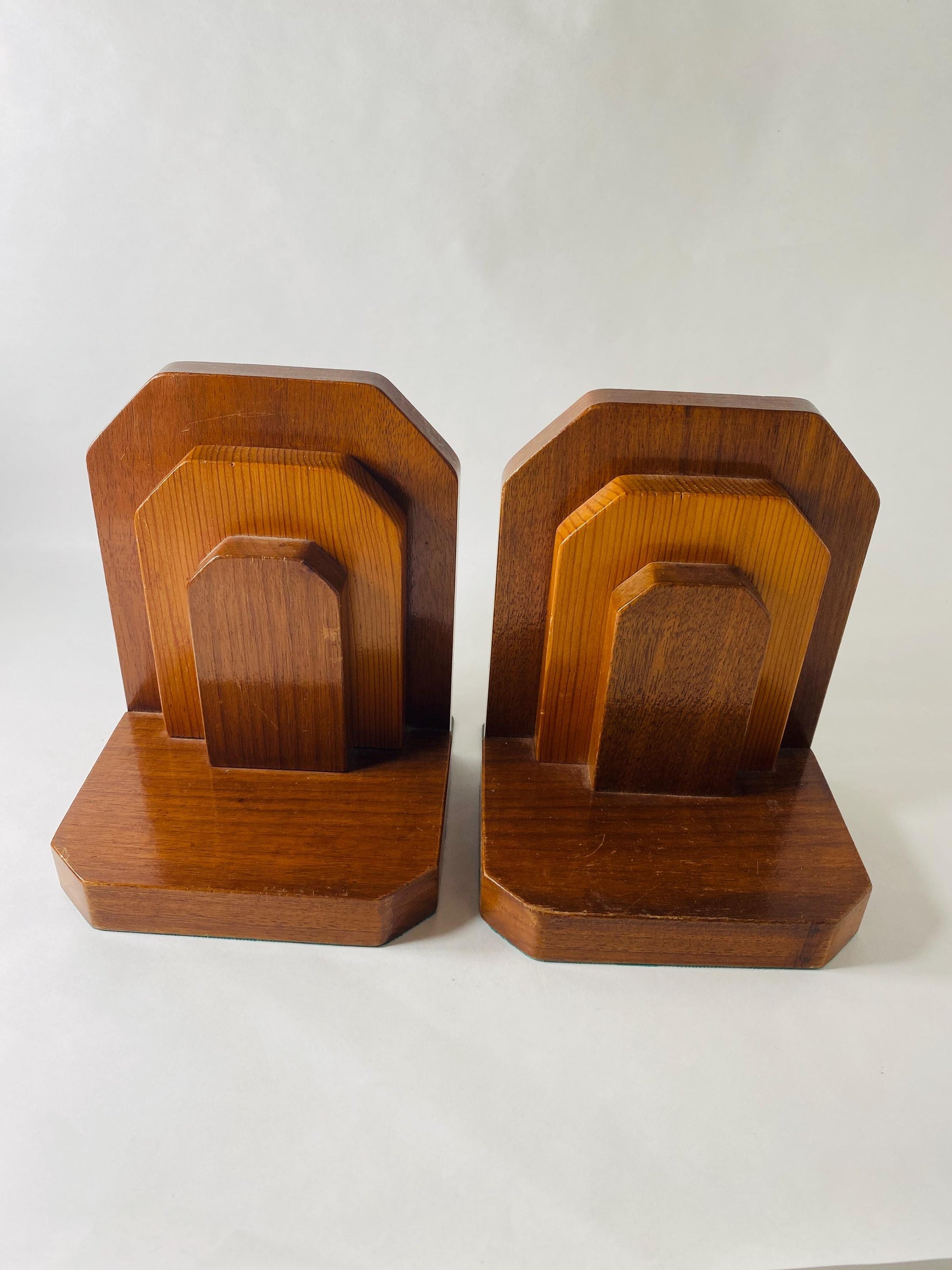 Mid century modern wood bookends Vintage Geometric Pair Art Deco Library Decor
