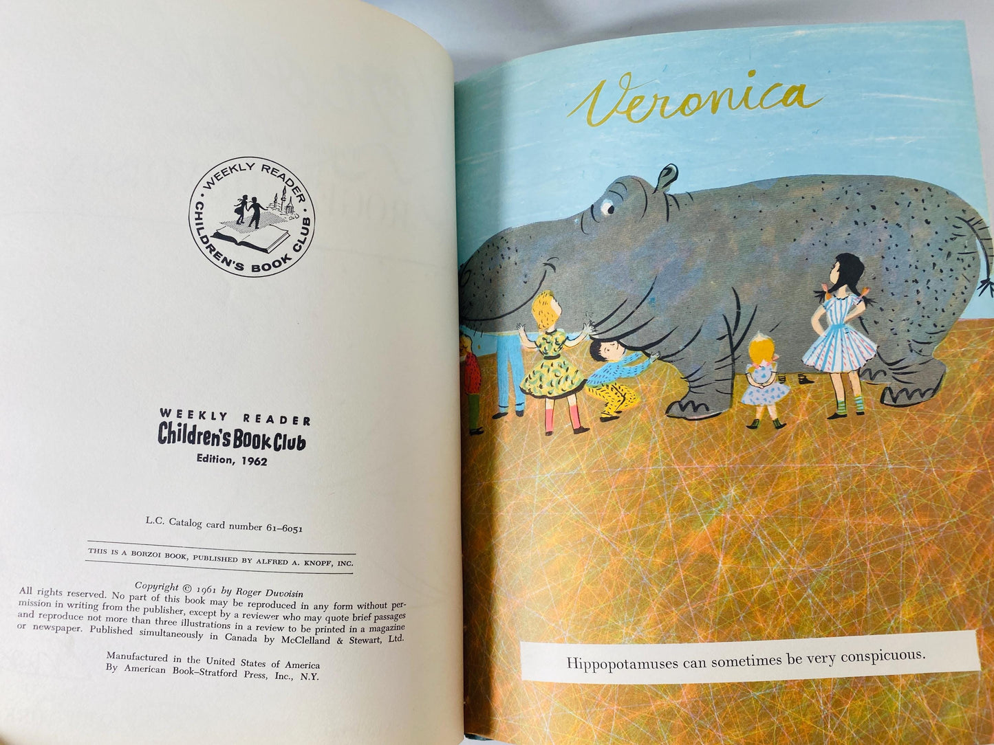 Veronica vintage Weekly Reader children's book by Roger Duvoisin circa 1961 about a hippopotamus who wants to stand out from the herd