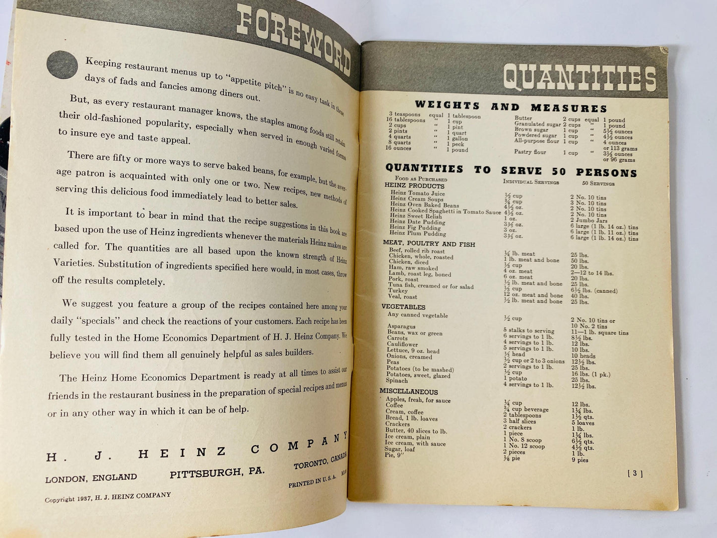 1937 Heinz Book of Quantity Recipes and Menus Vintage Advertising Cookbook Restaurant Recipes for 25–50