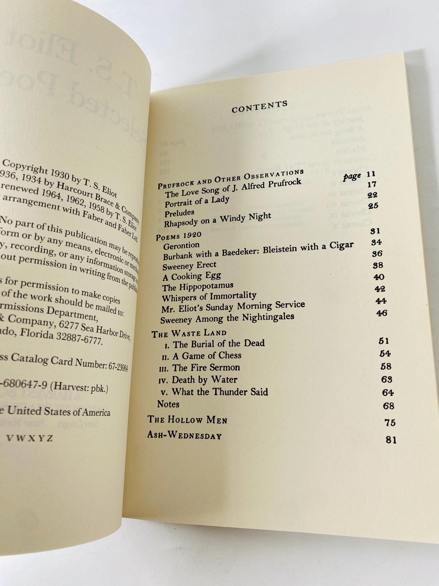 1971 TS Eliot vintage paperback book Selected Poems Love Song of J. Alfred Prufrock, Game of Chess, Waste Land, Hollow Men, Ash-Wednesday