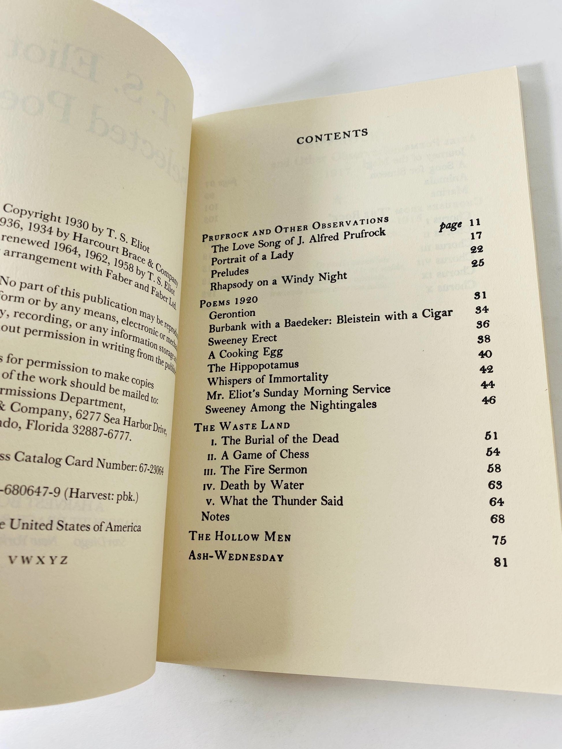 1971 TS Eliot vintage paperback book Selected Poems Love Song of J. Alfred Prufrock, Game of Chess, Waste Land, Hollow Men, Ash-Wednesday