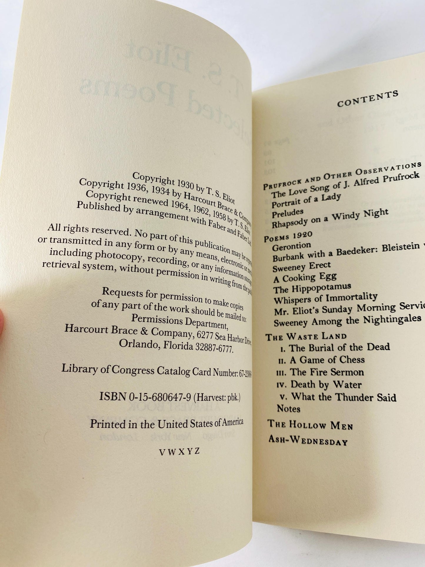 1971 TS Eliot vintage paperback book Selected Poems Love Song of J. Alfred Prufrock, Game of Chess, Waste Land, Hollow Men, Ash-Wednesday