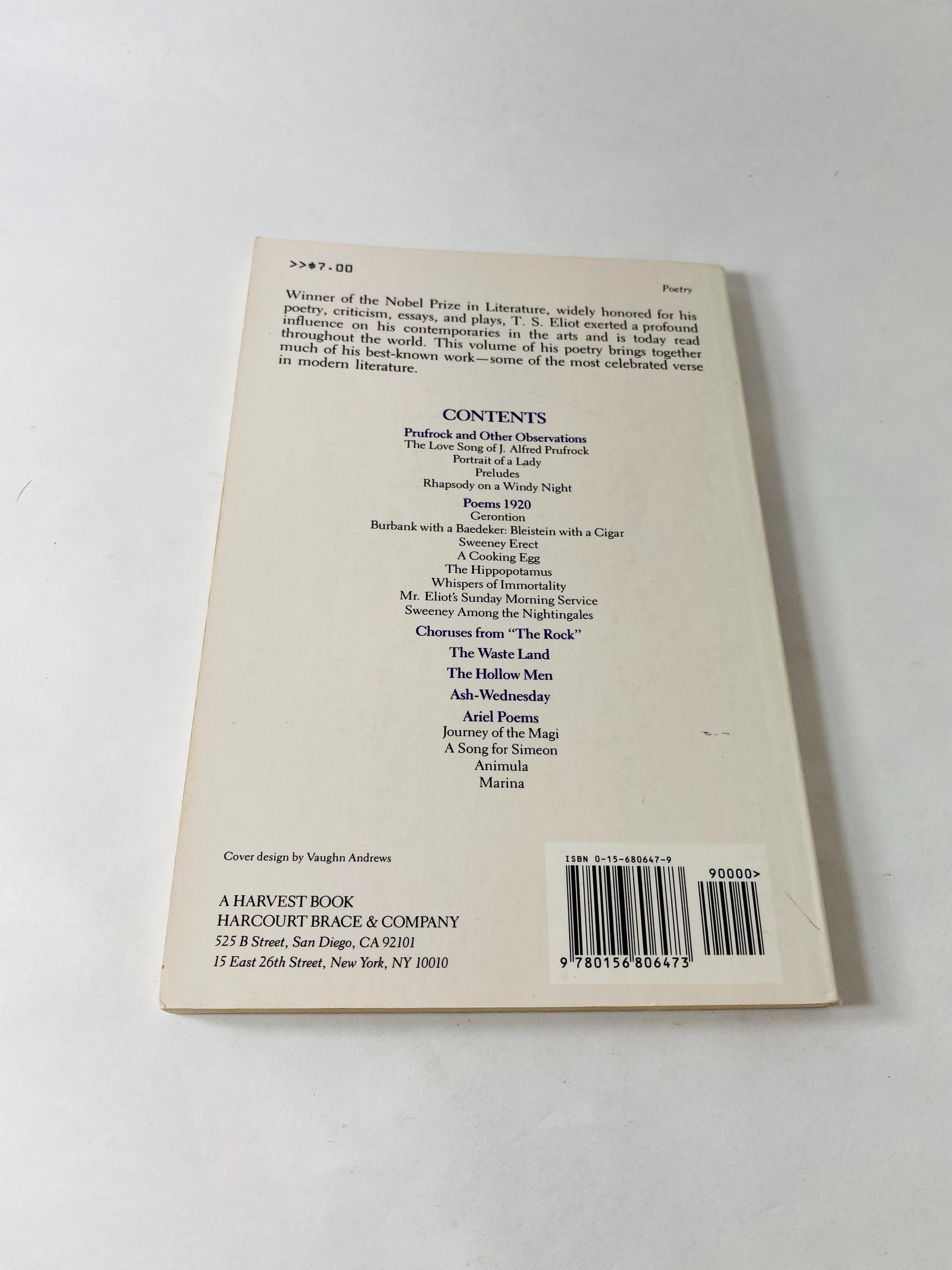 1971 TS Eliot vintage paperback book Selected Poems Love Song of J. Alfred Prufrock, Game of Chess, Waste Land, Hollow Men, Ash-Wednesday