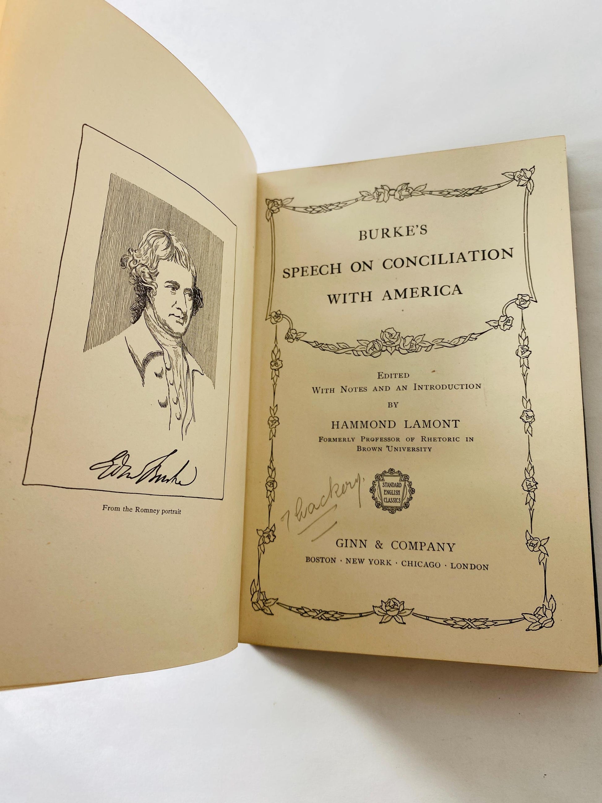 Edmund Burke’s Speech on Conciliation with America antique book circa 1897 which was delivered just before the American Revolution began