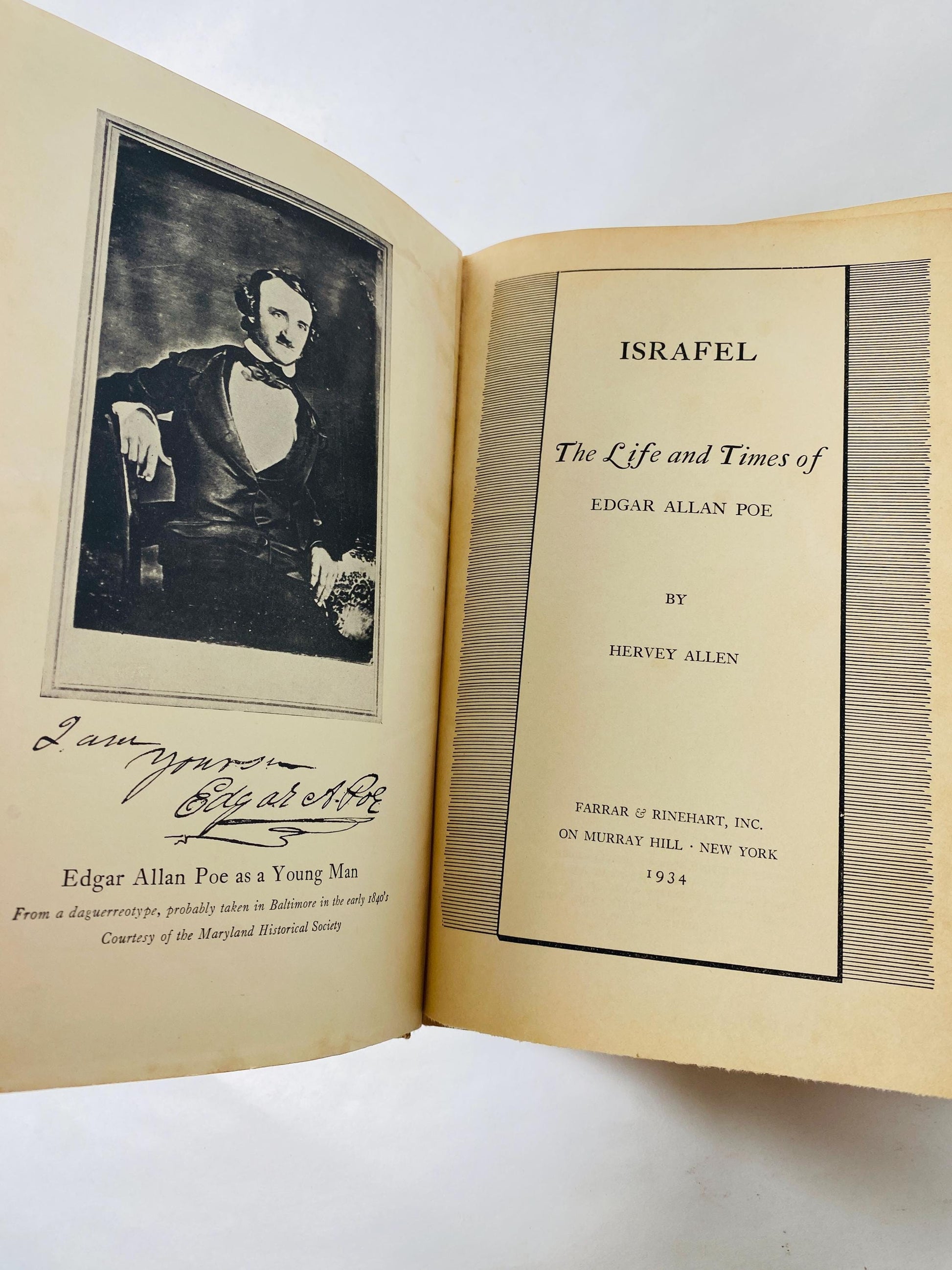 1934 Edgar Allan Poe vintage Israfel book by Hervey Allen Farrar & Rinehart edition