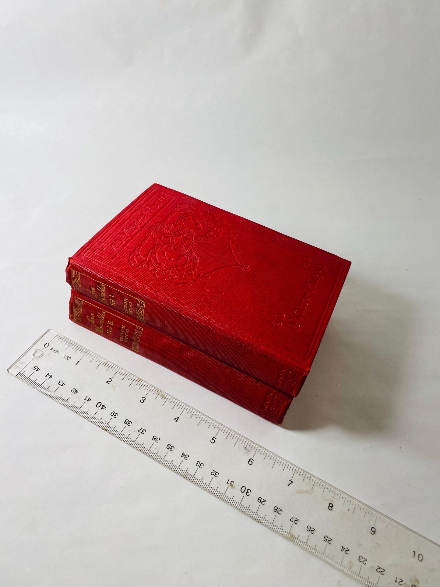 1900 Les Miserables by Victor Hugo volumes & II Vintage book EARLY American PRINTING Thomas Nelson and Sons. Red home bookshelf decor.