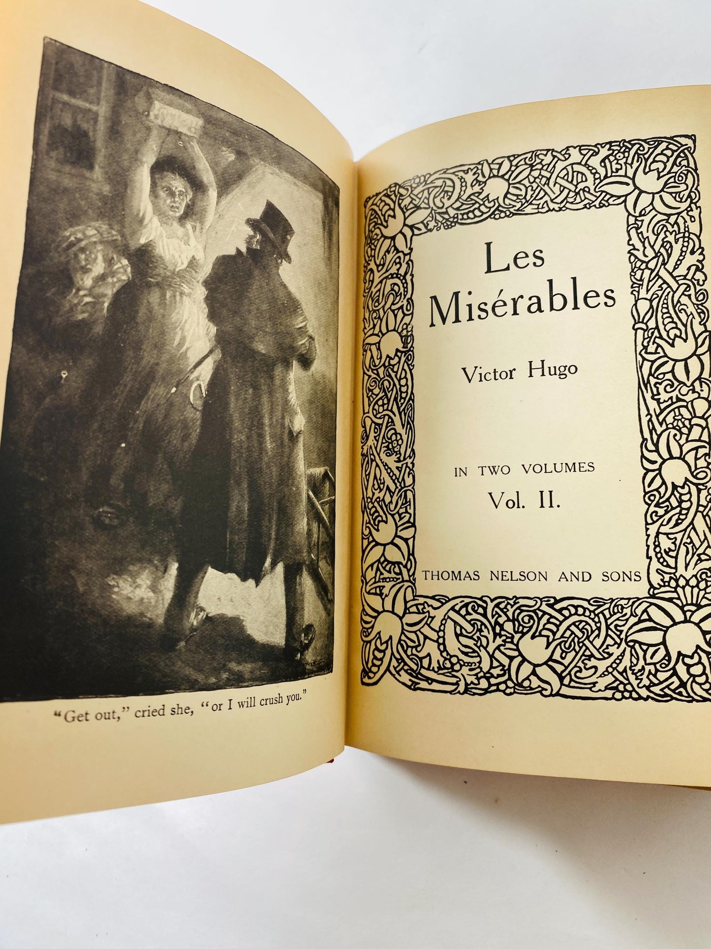 1900 Les Miserables by Victor Hugo volumes & II Vintage book EARLY American PRINTING Thomas Nelson and Sons. Red home bookshelf decor.