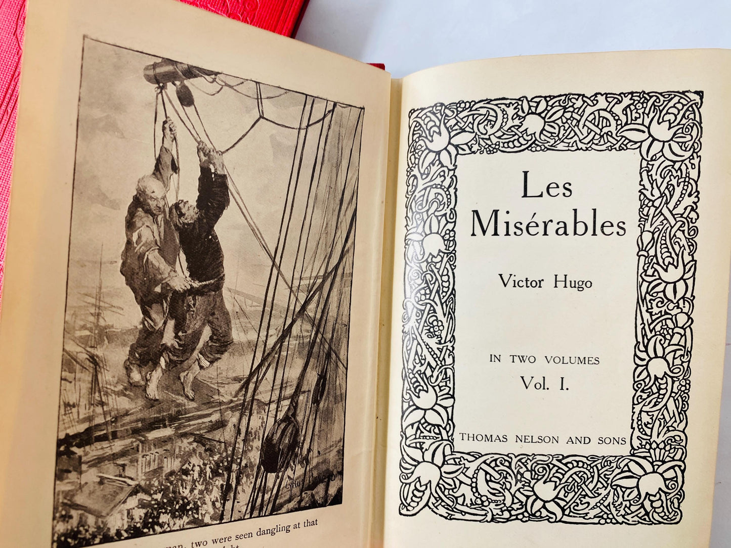 1900 Les Miserables by Victor Hugo volumes & II Vintage book EARLY American PRINTING Thomas Nelson and Sons. Red home bookshelf decor.