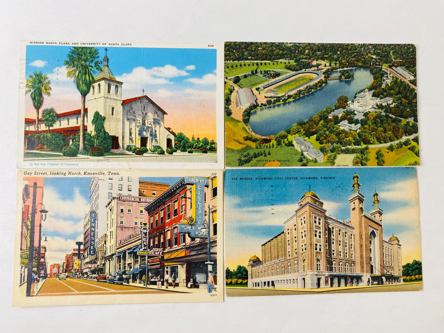 Lot of 4 Vintage Linen Postcards California Colorado Tennessee Virginia Travel Architecture Mission Santa Clara University of Santa Clara