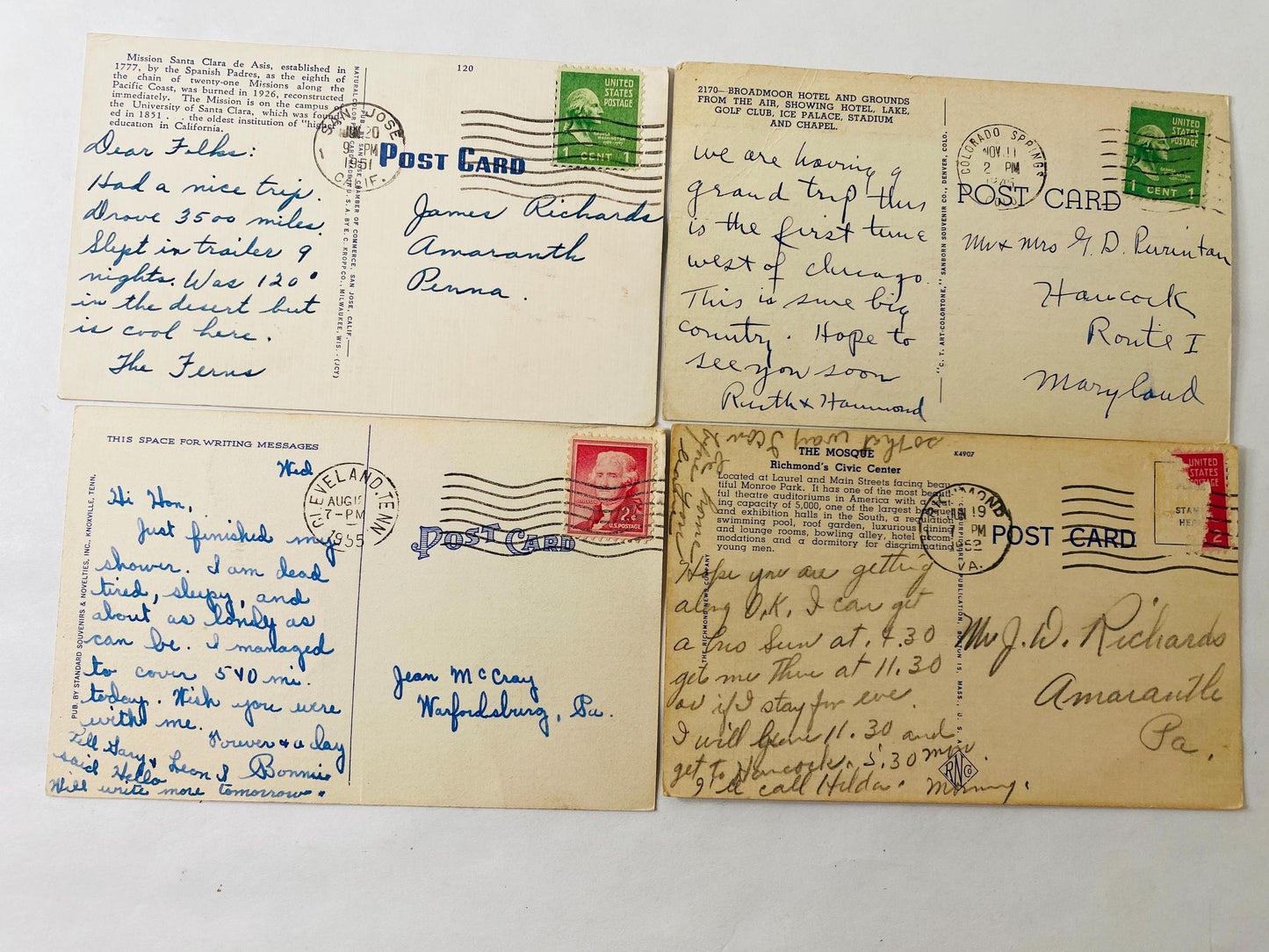 Lot of 4 Vintage Linen Postcards California Colorado Tennessee Virginia Travel Architecture Mission Santa Clara University of Santa Clara
