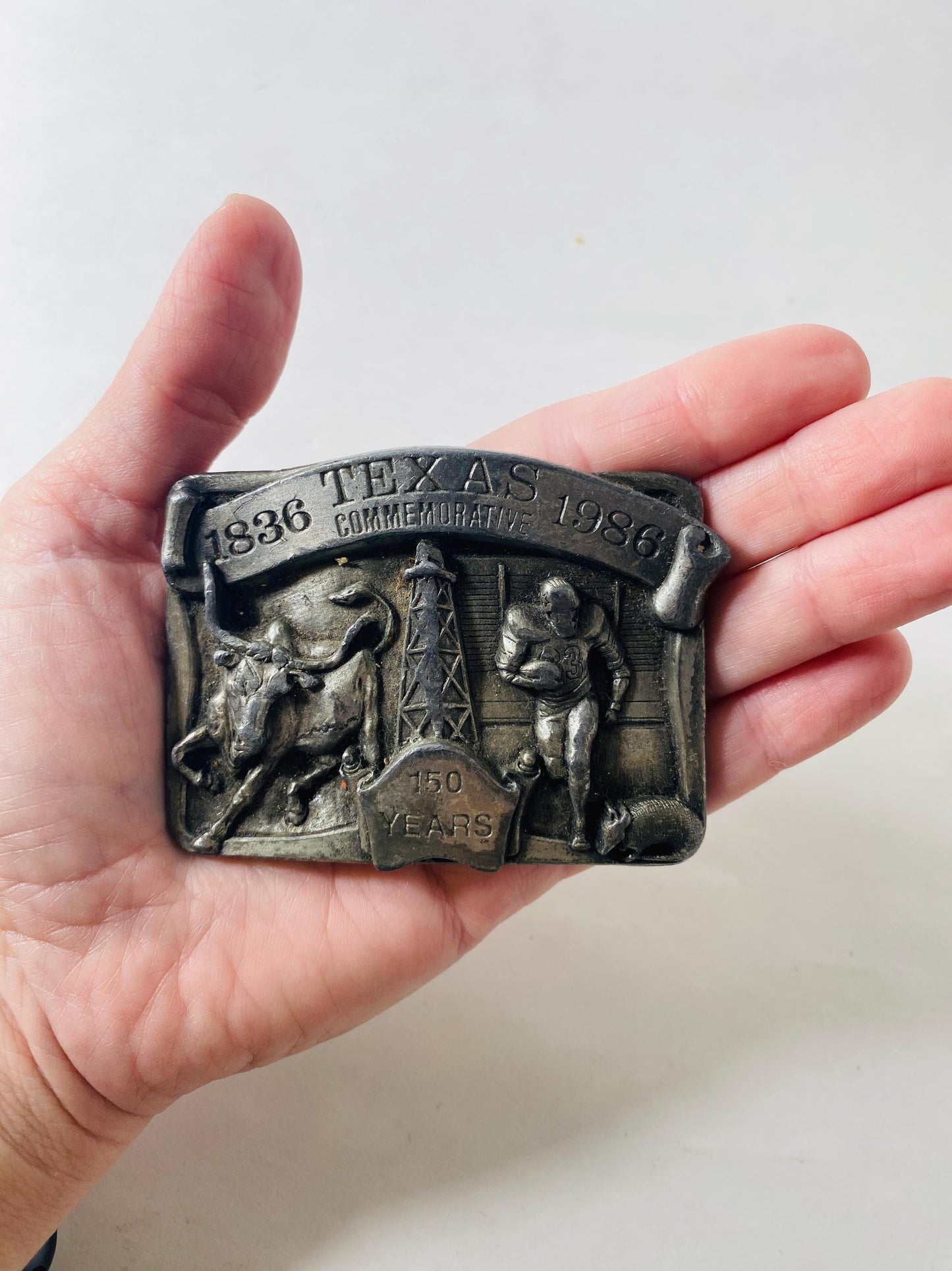Vintage 1986 Texas Sesquicentennial Belt Buckle 1836-1986 Limited Edition #156/3000 Longhorn Oil Football Armadillo