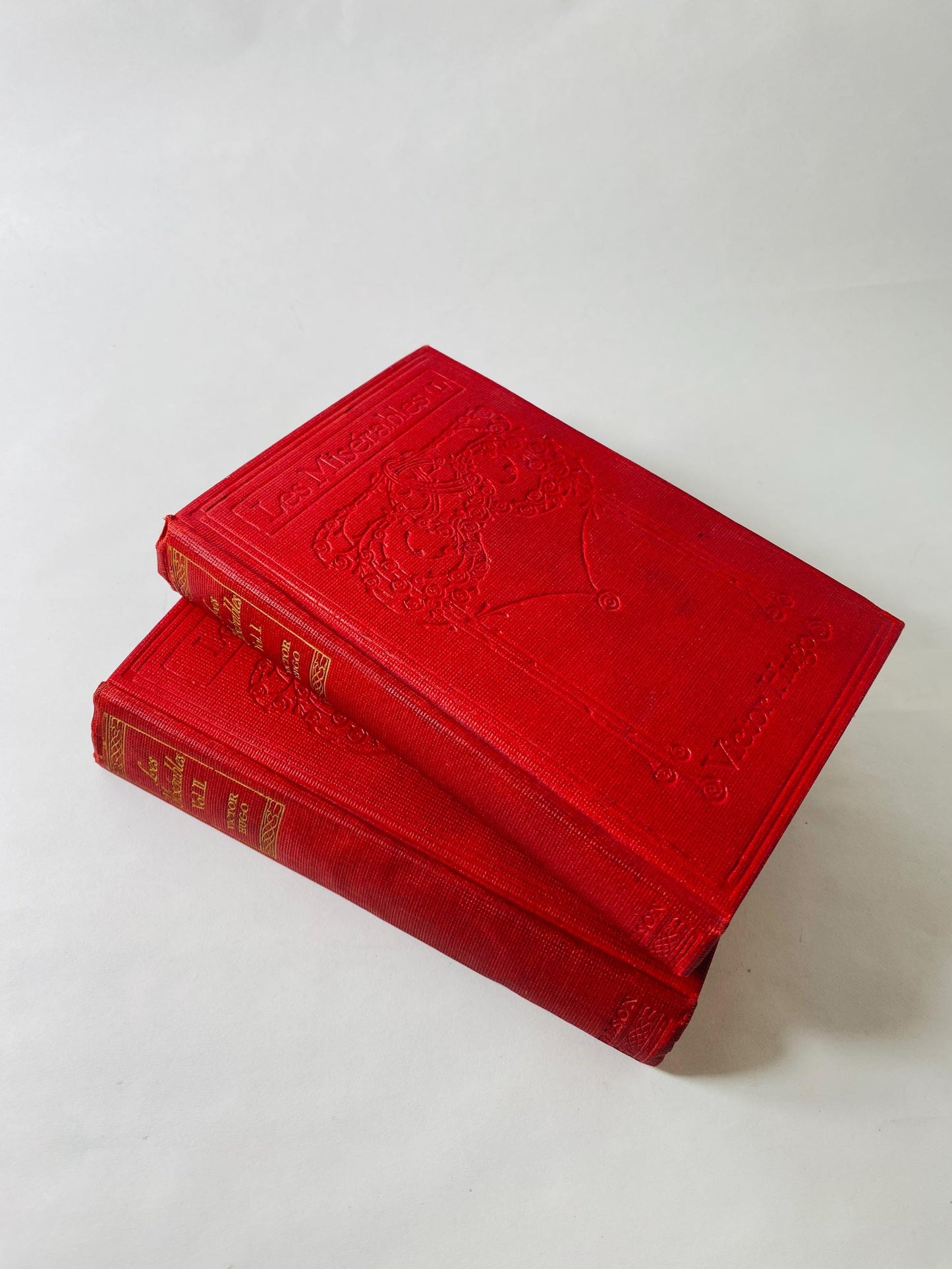 1900 Les Miserables by Victor Hugo volumes & II Vintage book EARLY American PRINTING Thomas Nelson and Sons. Red home bookshelf decor.