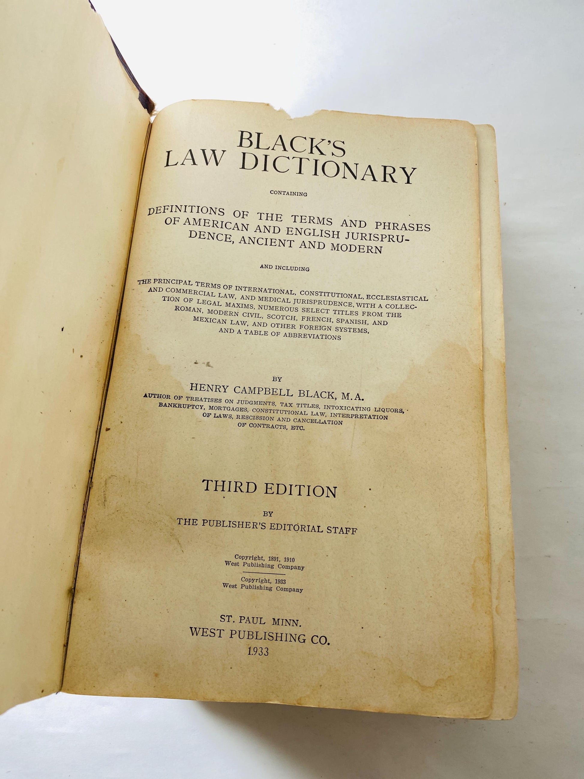 1933 Black's Law Dictionary Book 3d Edition vintage burgundy brown Henry Campbell Black West Publishing Law School Bar Gift POOR Condition