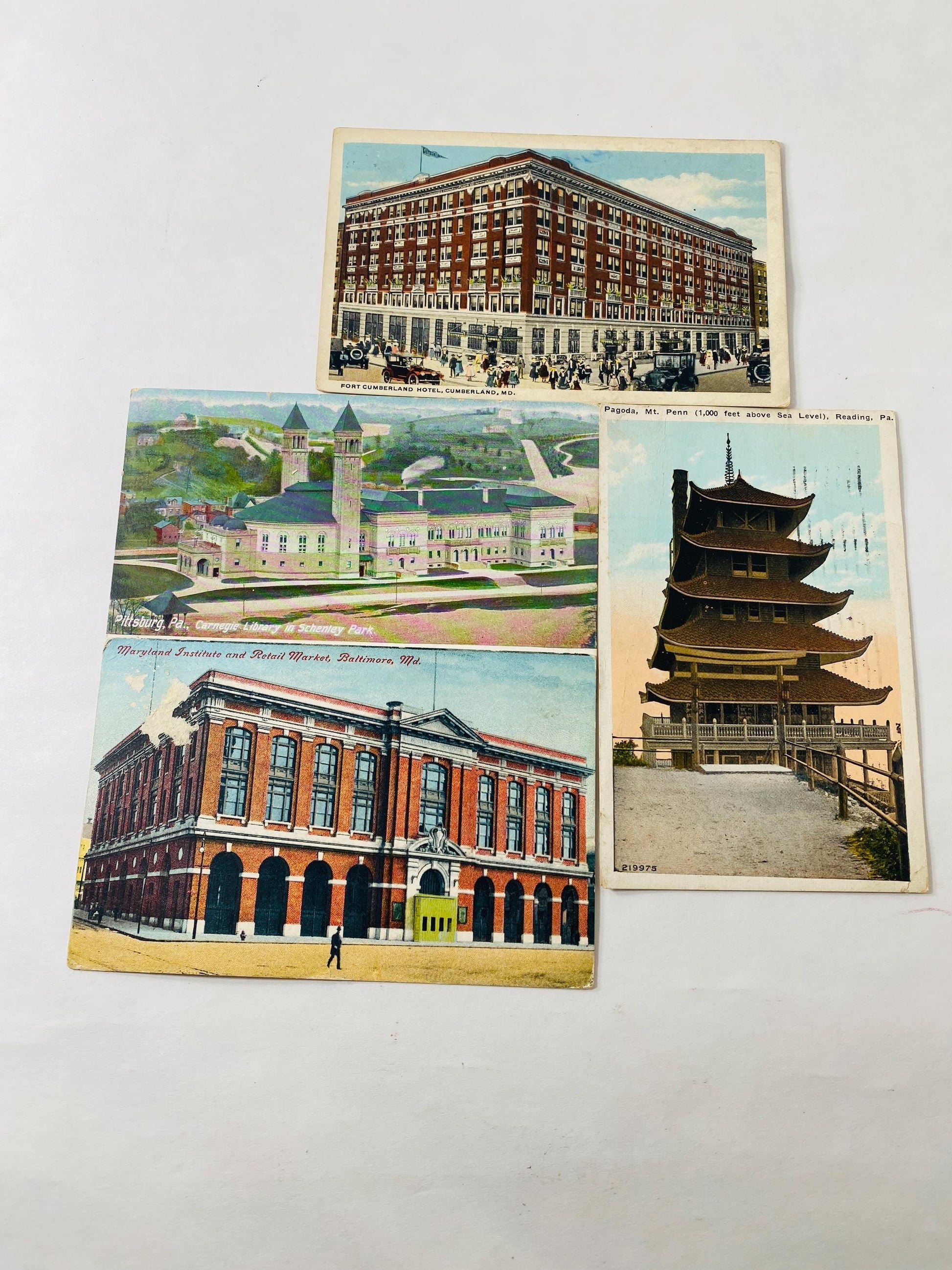Lot 4 Antique Pennsylvania Maryland Postcards 1920s Baltimore Cumberland Pittsburgh Reading PA Vintage Carnegie Library in Schenley Park