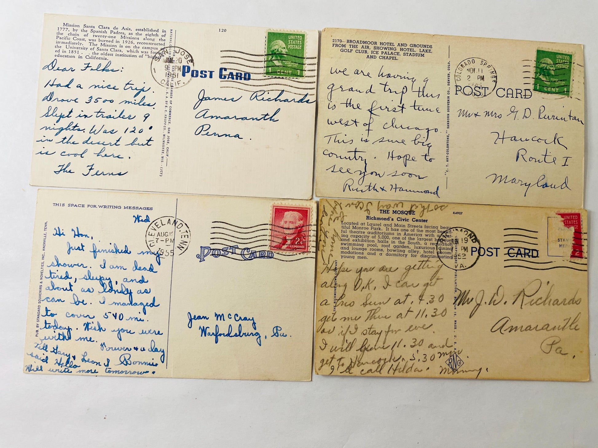 Lot of 4 Vintage Linen Postcards California Colorado Tennessee Virginia Travel Architecture Mission Santa Clara University of Santa Clara