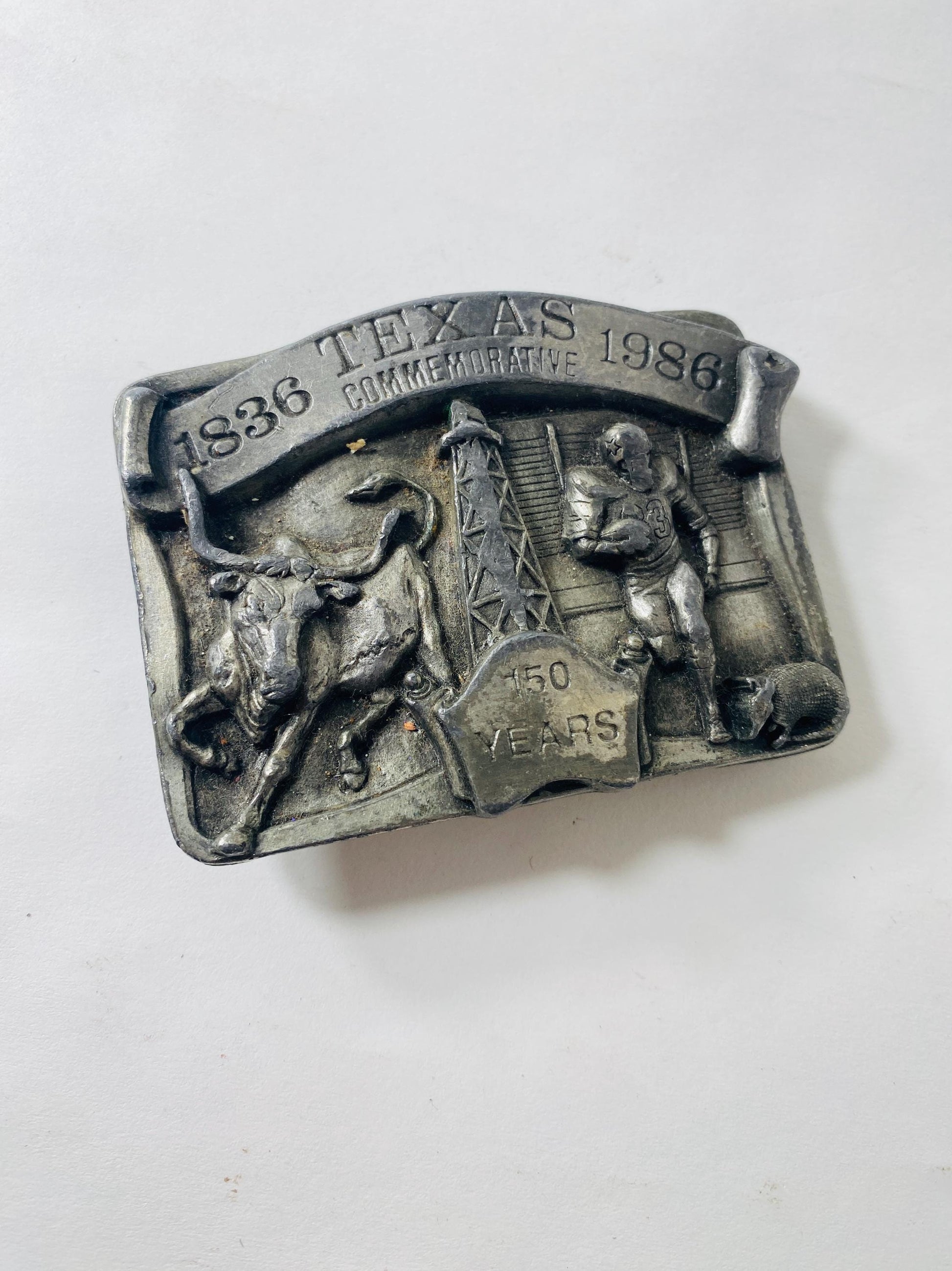 Vintage 1986 Texas Sesquicentennial Belt Buckle 1836-1986 Limited Edition #156/3000 Longhorn Oil Football Armadillo
