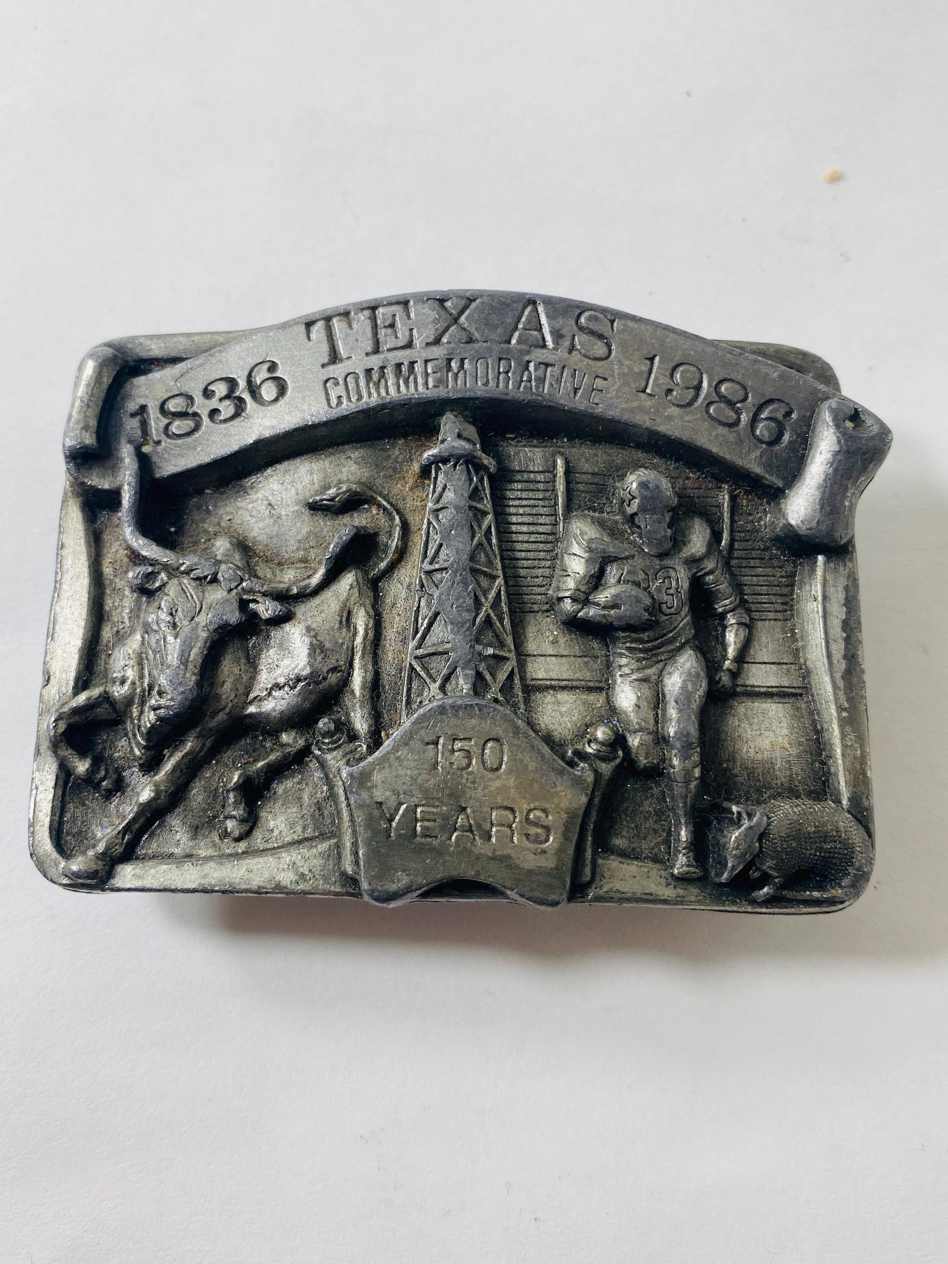 Vintage 1986 Texas Sesquicentennial Belt Buckle 1836-1986 Limited Edition #156/3000 Longhorn Oil Football Armadillo