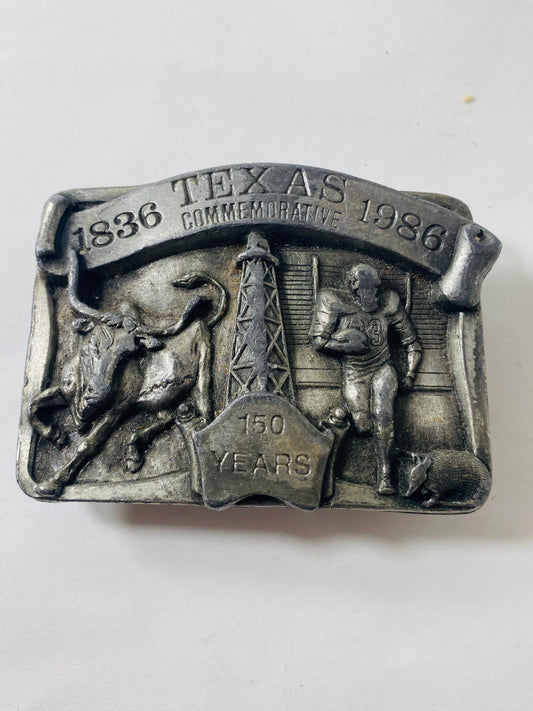 Vintage 1986 Texas Sesquicentennial Belt Buckle 1836-1986 Limited Edition #156/3000 Longhorn Oil Football Armadillo